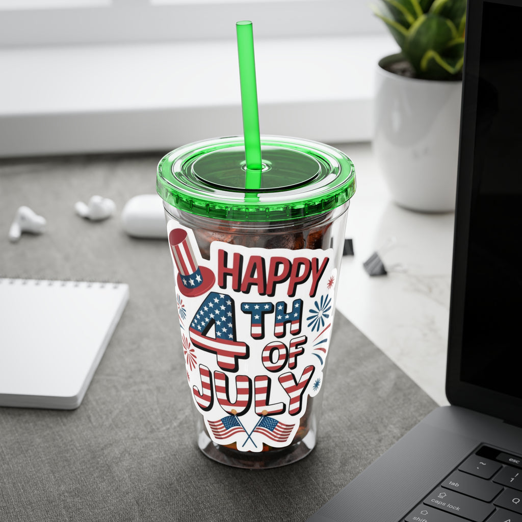 Happy 4th of July Tumbler | 16oz Straw Cup, Patriotic Fireworks Flag Design