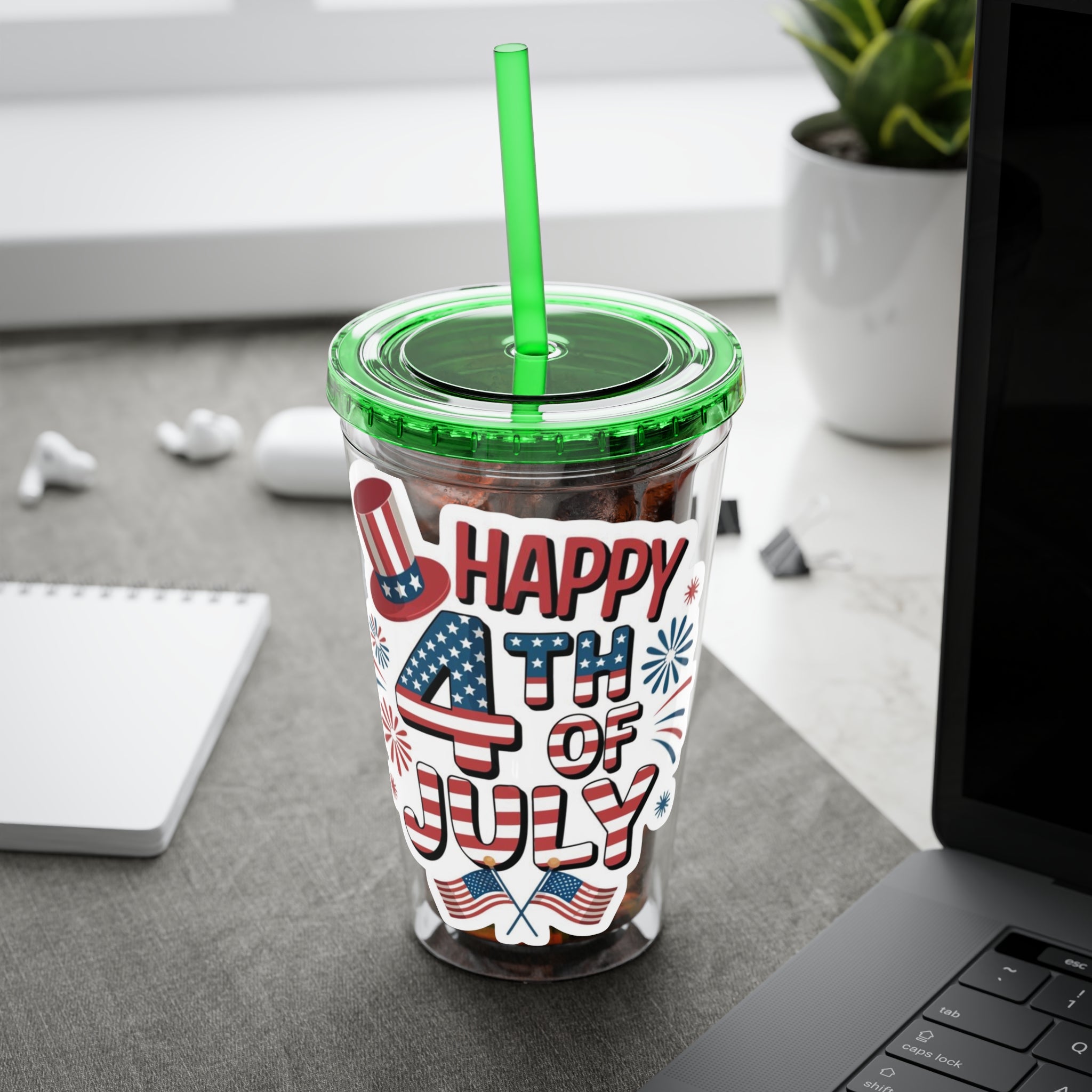 Happy 4th of July Tumbler | 16oz Straw Cup, Patriotic Fireworks Flag Design