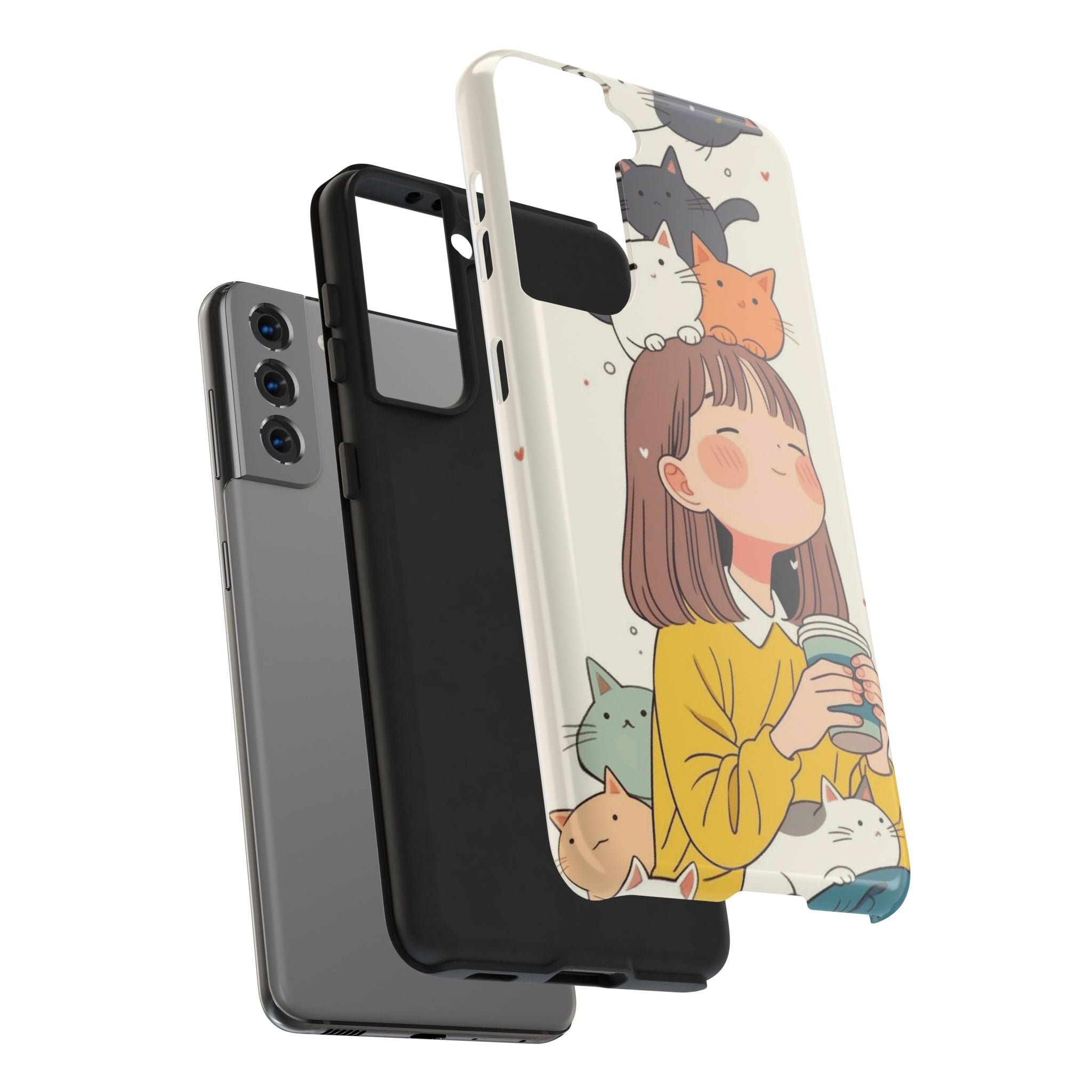 Girl with Cats Phone Case | Cute Cat Stack Illustration