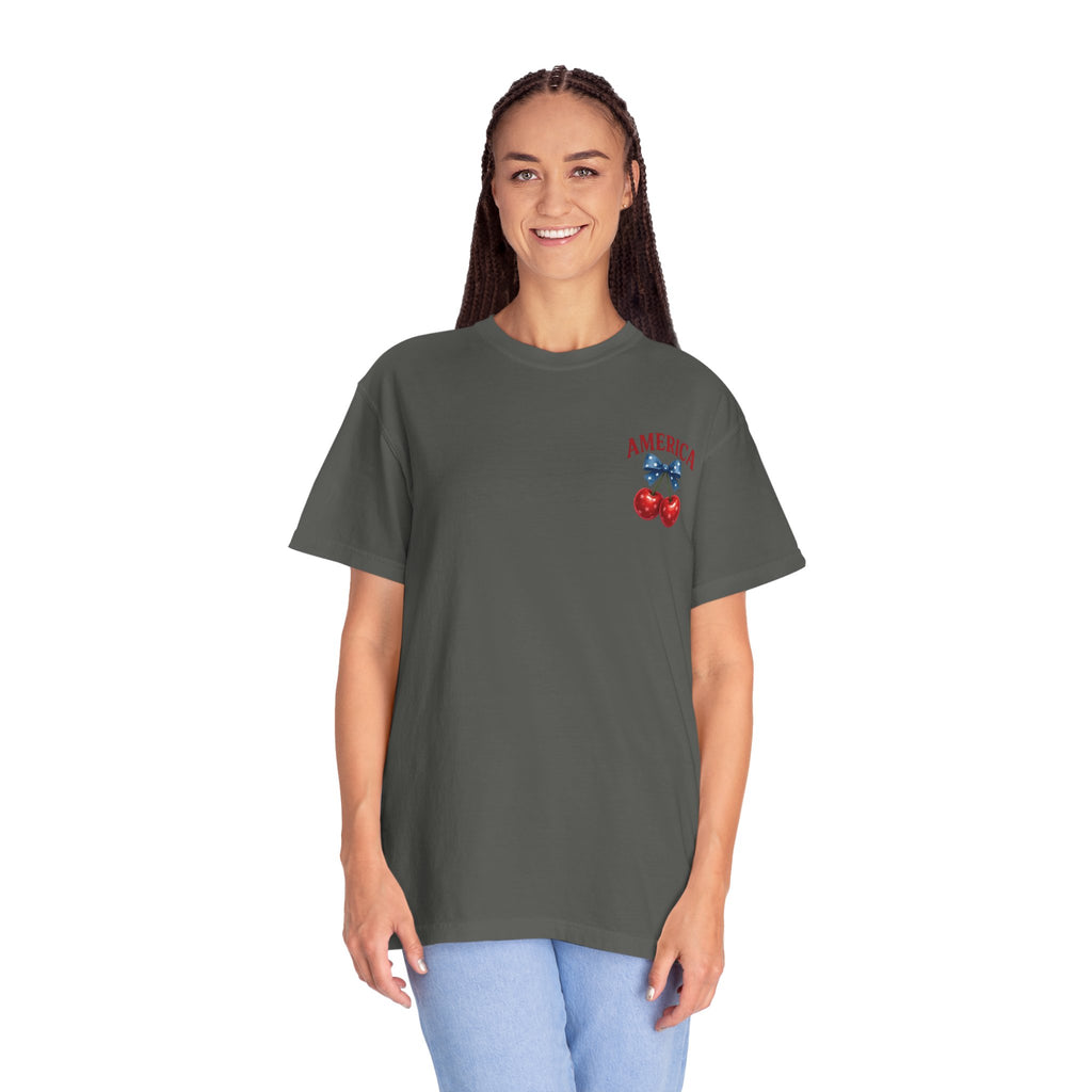 America Cherry Bow T-shirt | Patriotic Stars & Stripes Cherry Design