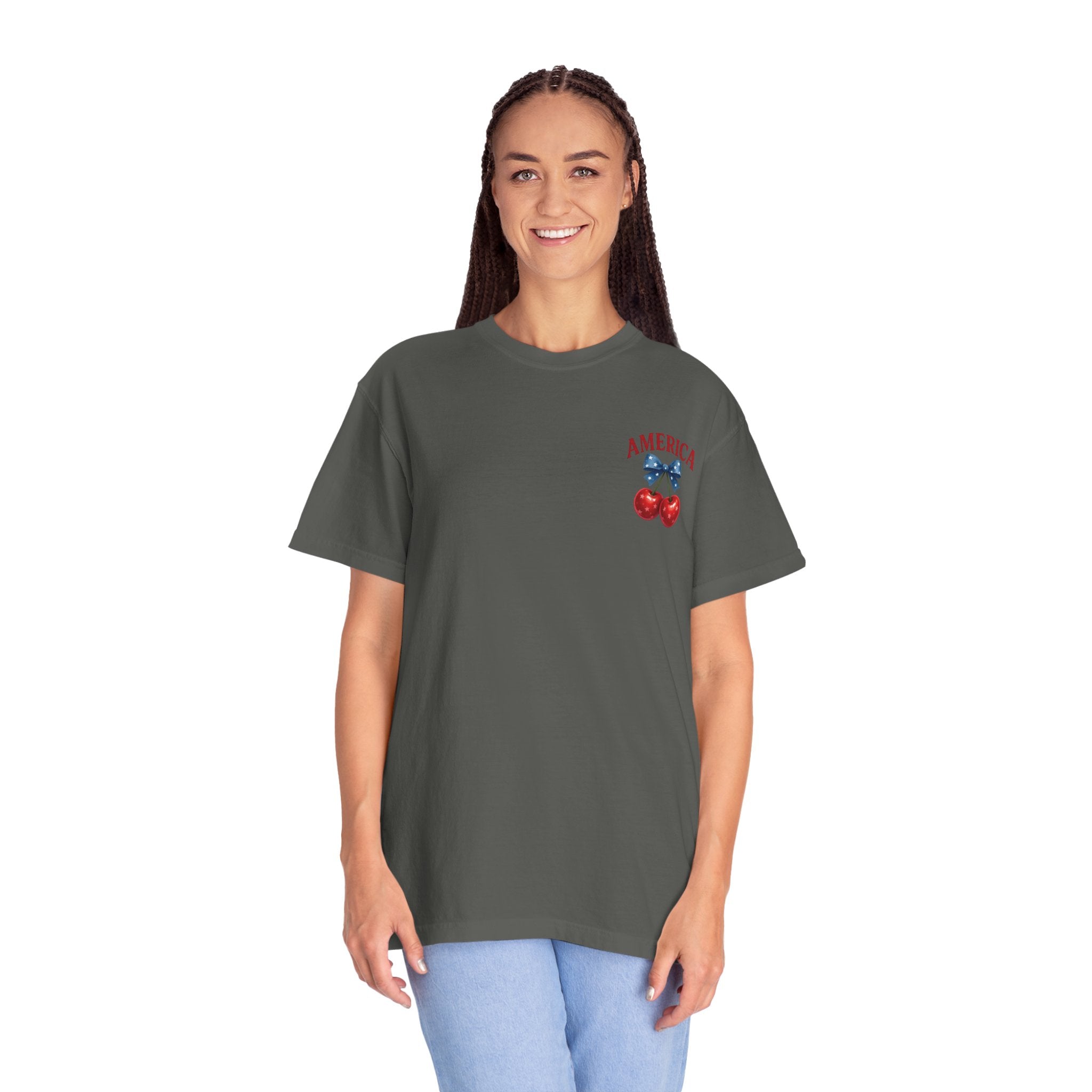 America Cherry Bow T-shirt | Patriotic Stars & Stripes Cherry Design