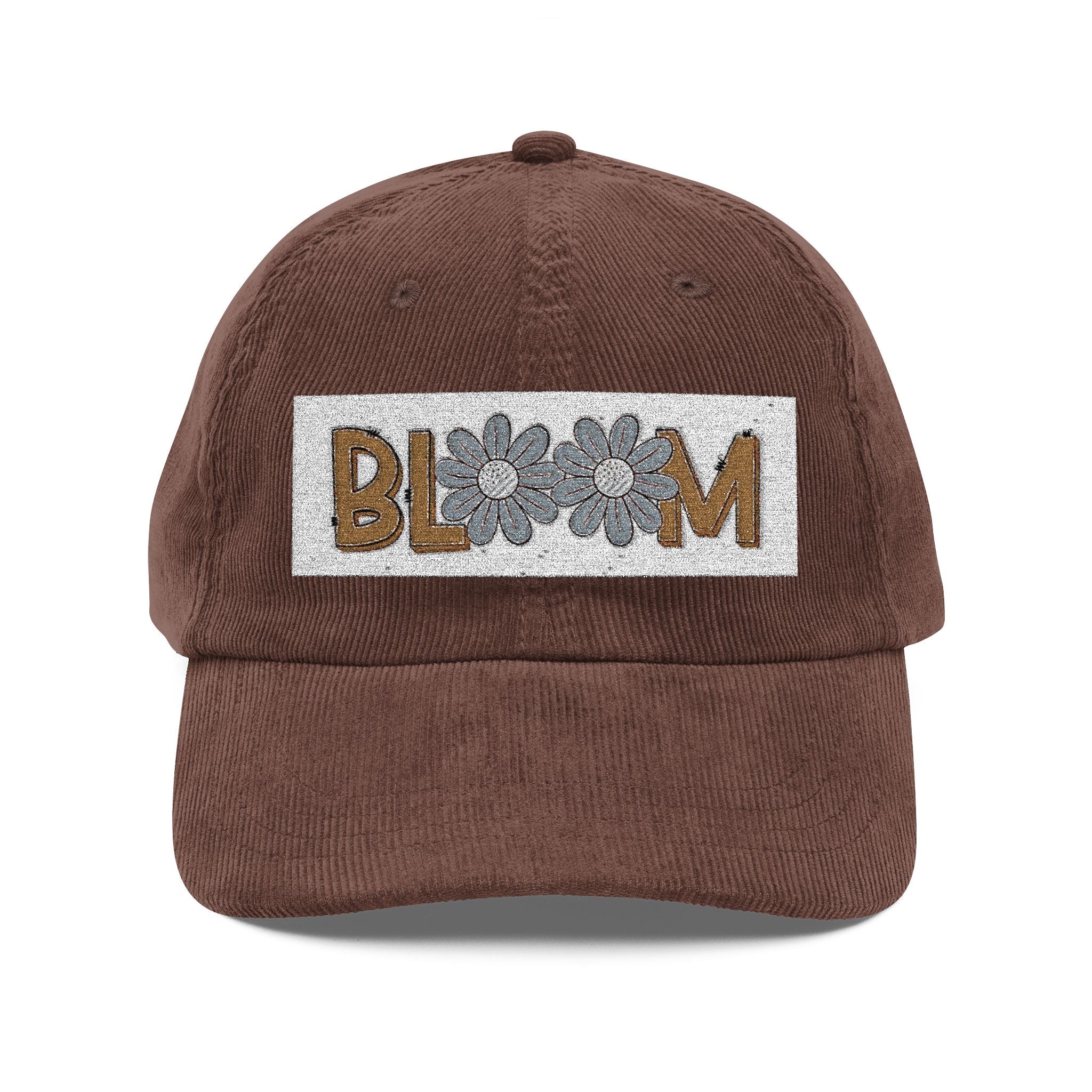 Vintage Corduroy Cap — Embroidered 'BLOOM' Floral Patch