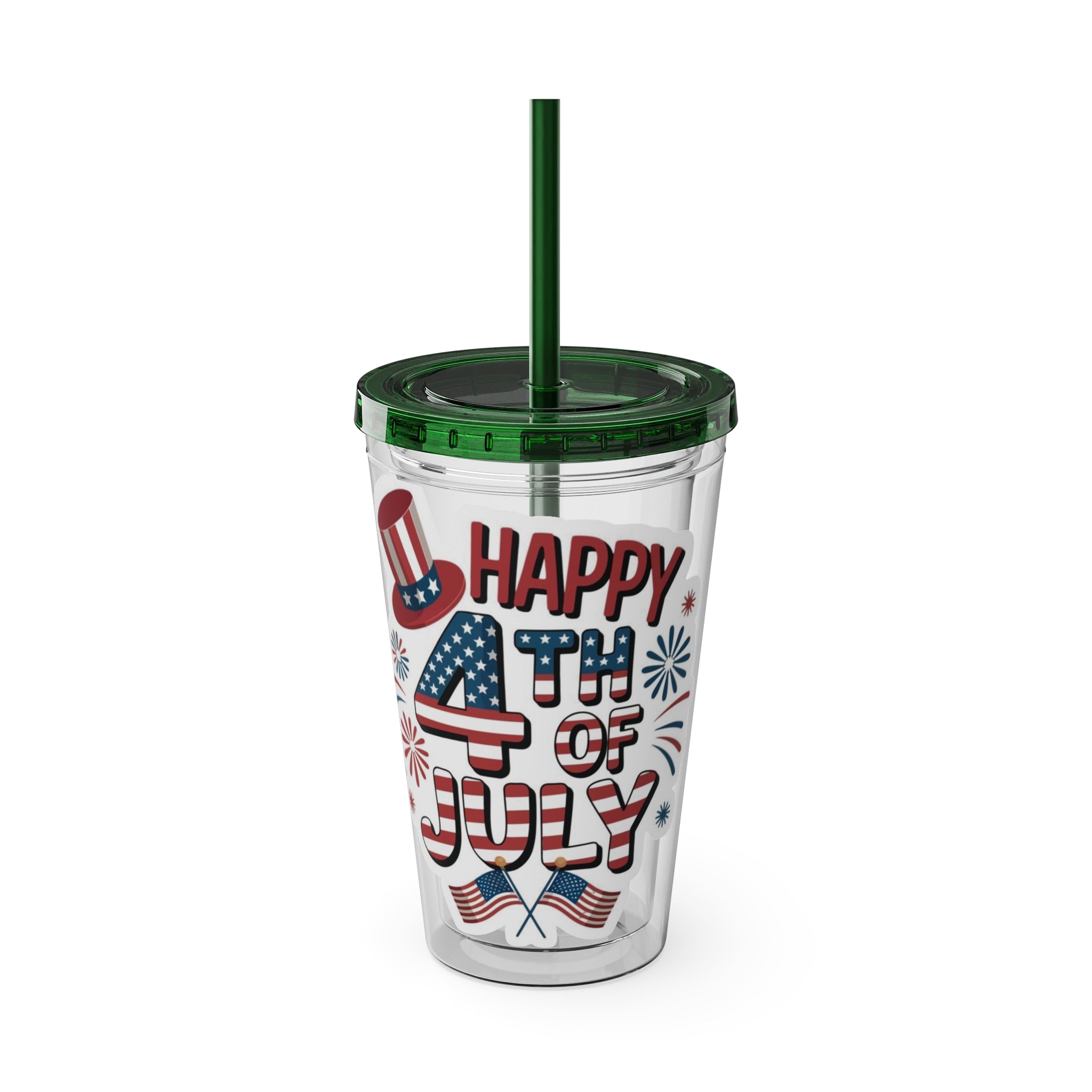 Happy 4th of July Tumbler | 16oz Straw Cup, Patriotic Fireworks Flag Design