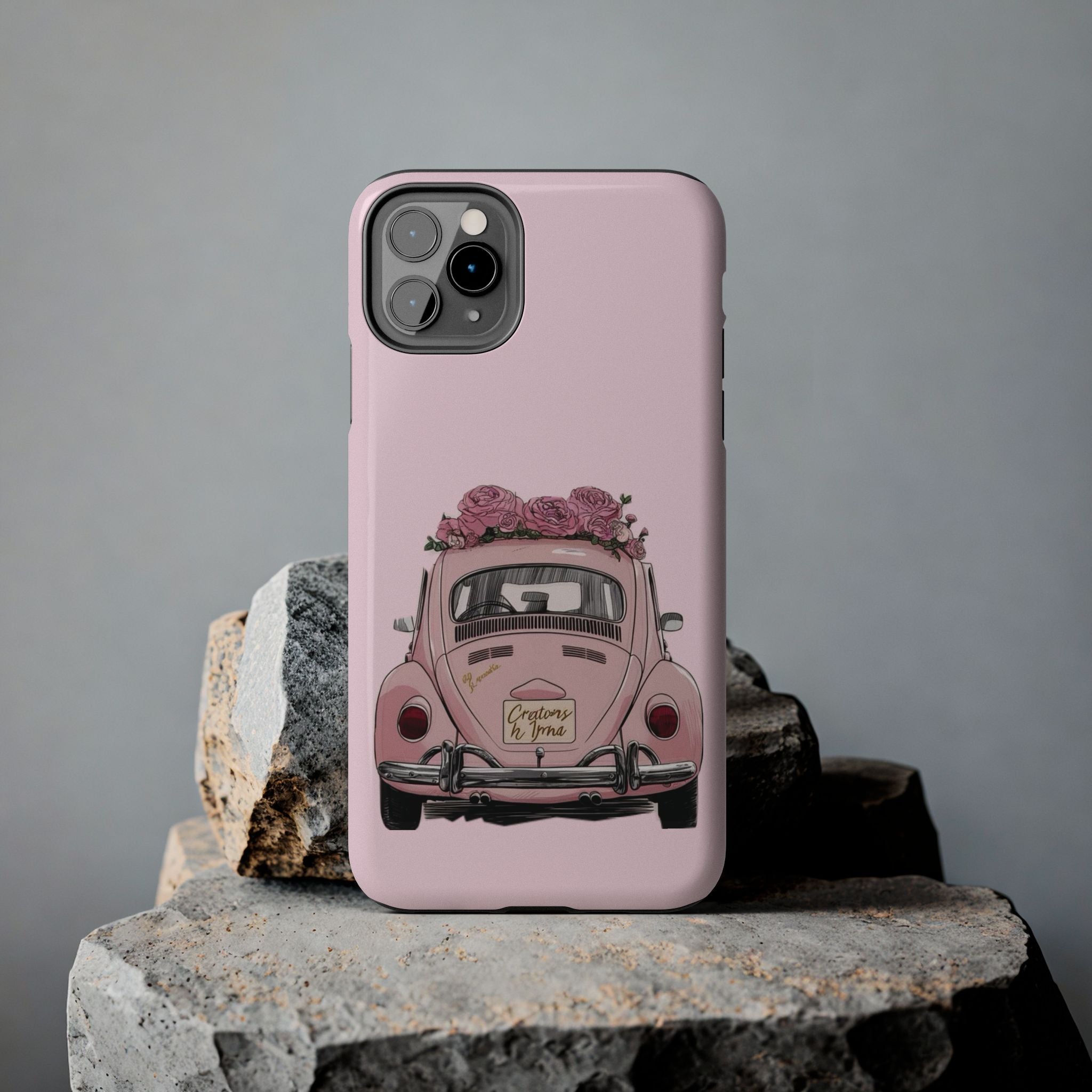 Vintage Pink Beetle with Roses Phone Case | Floral Car Tough Phone Case