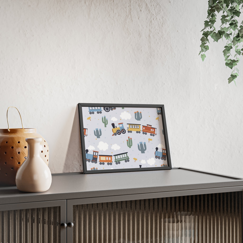 Kids' Train Poster with Wooden Frame — Nursery Wall Art, Playroom Decor