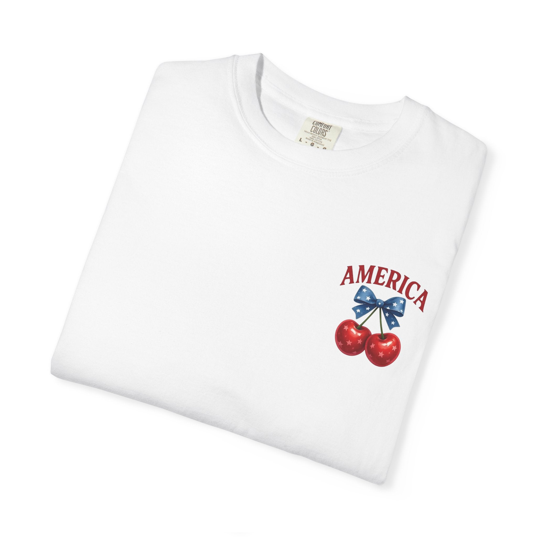 America Cherry Bow T-shirt | Patriotic Stars & Stripes Cherry Design