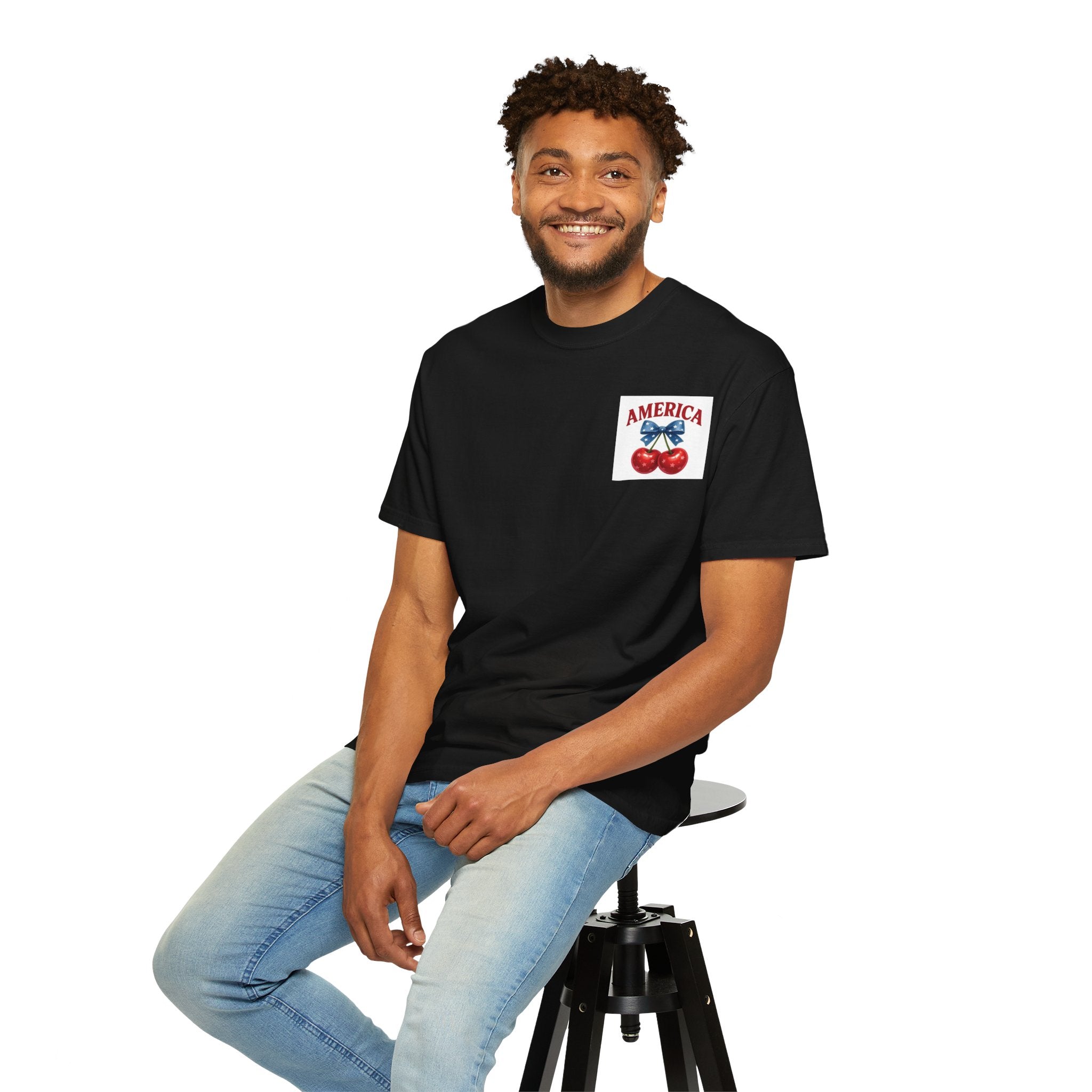America Cherry Bow T-shirt | Patriotic Stars & Stripes Cherry Design