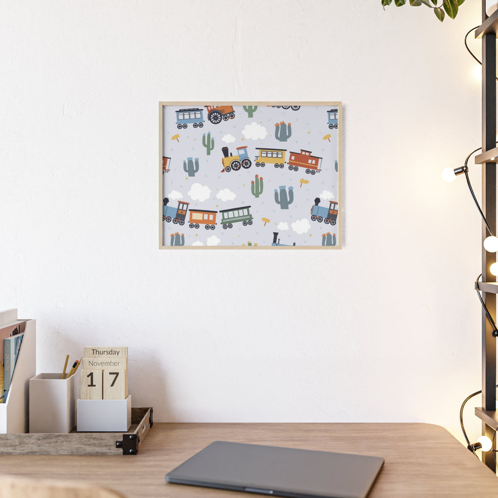Kids' Train Poster with Wooden Frame — Nursery Wall Art, Playroom Decor