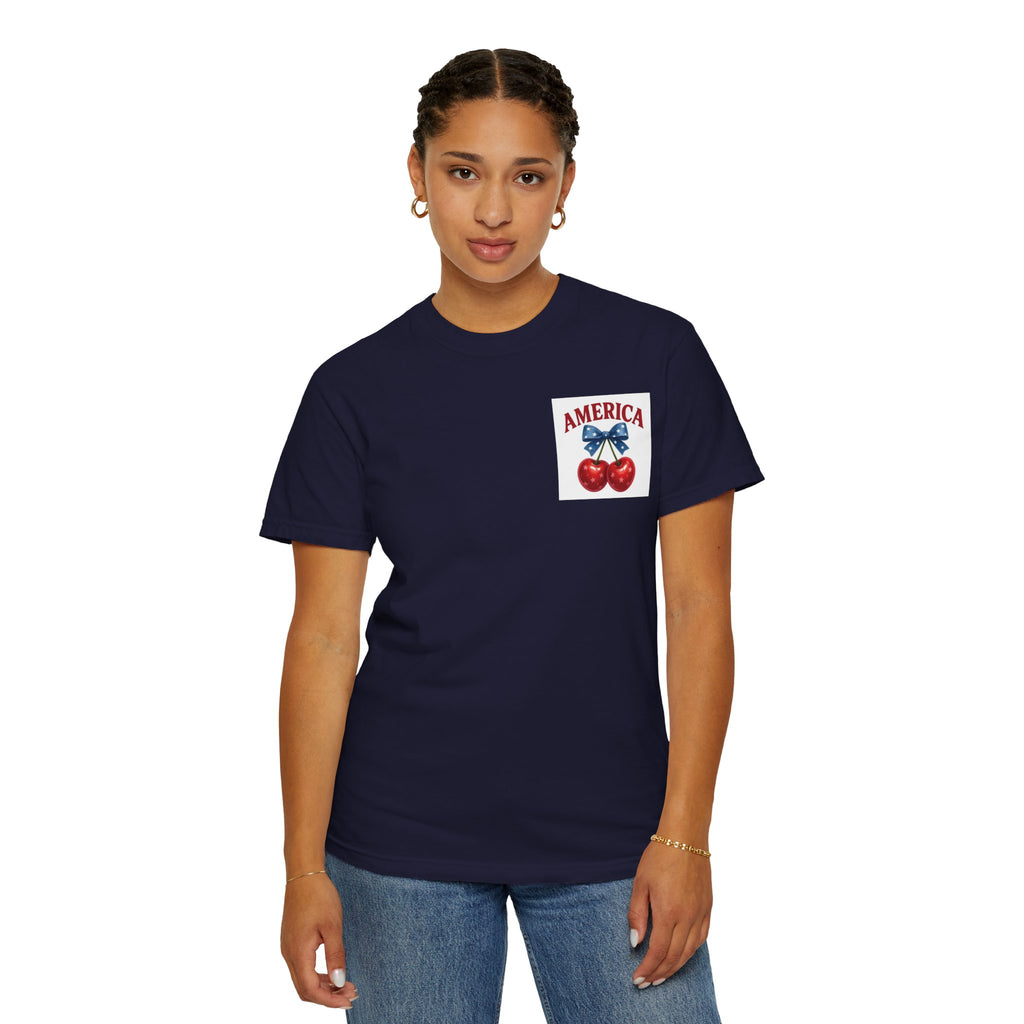 America Cherry Bow T-shirt | Patriotic Stars & Stripes Cherry Design