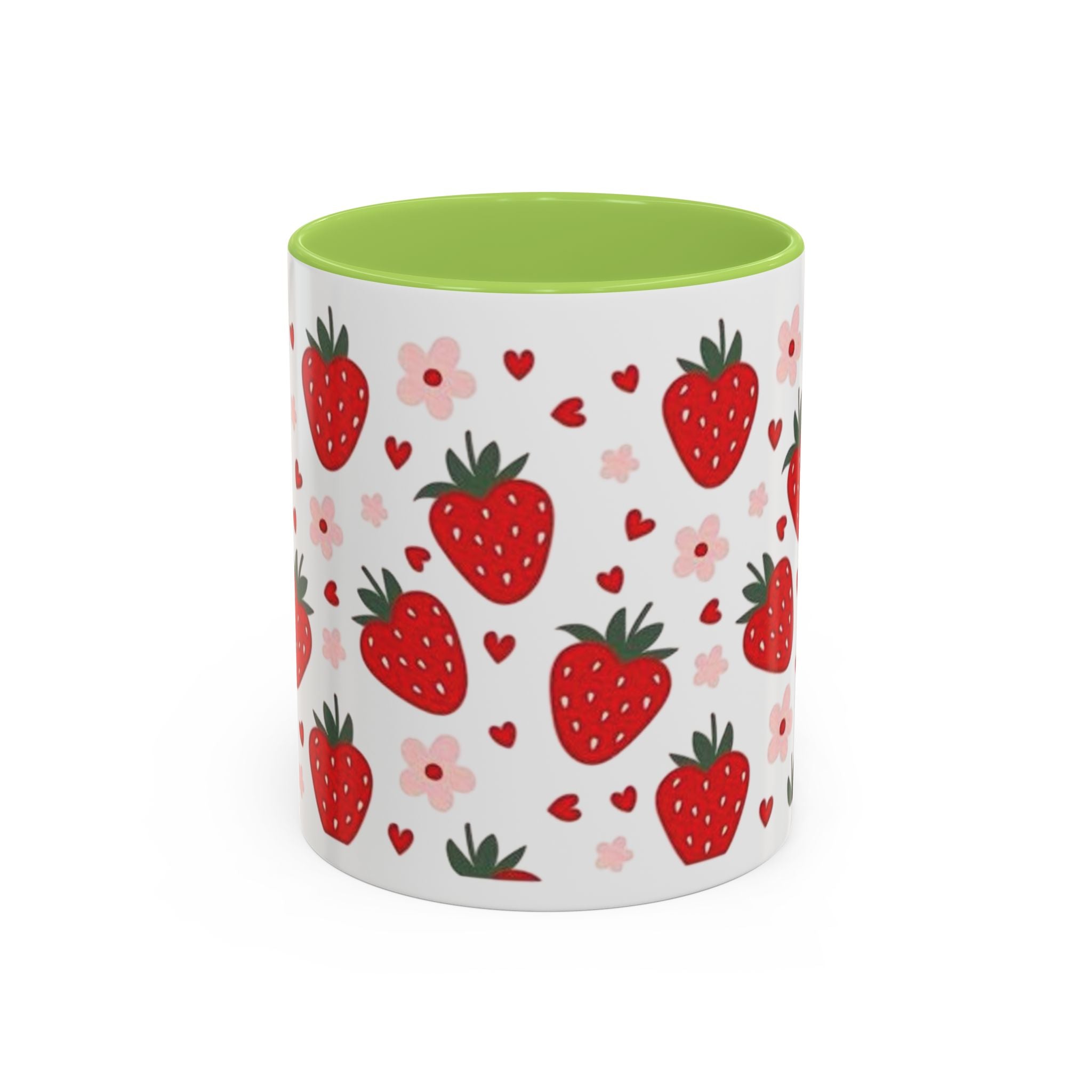 Strawberry Pattern Accent Coffee Mug — Cute Red Berries & Hearts 11/15oz
