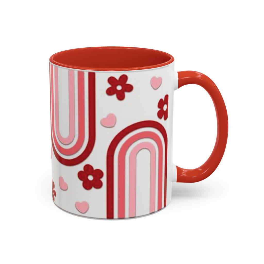 Retro Pink Rainbow Hearts and Flowers Accent Mug | 11oz or 15oz
