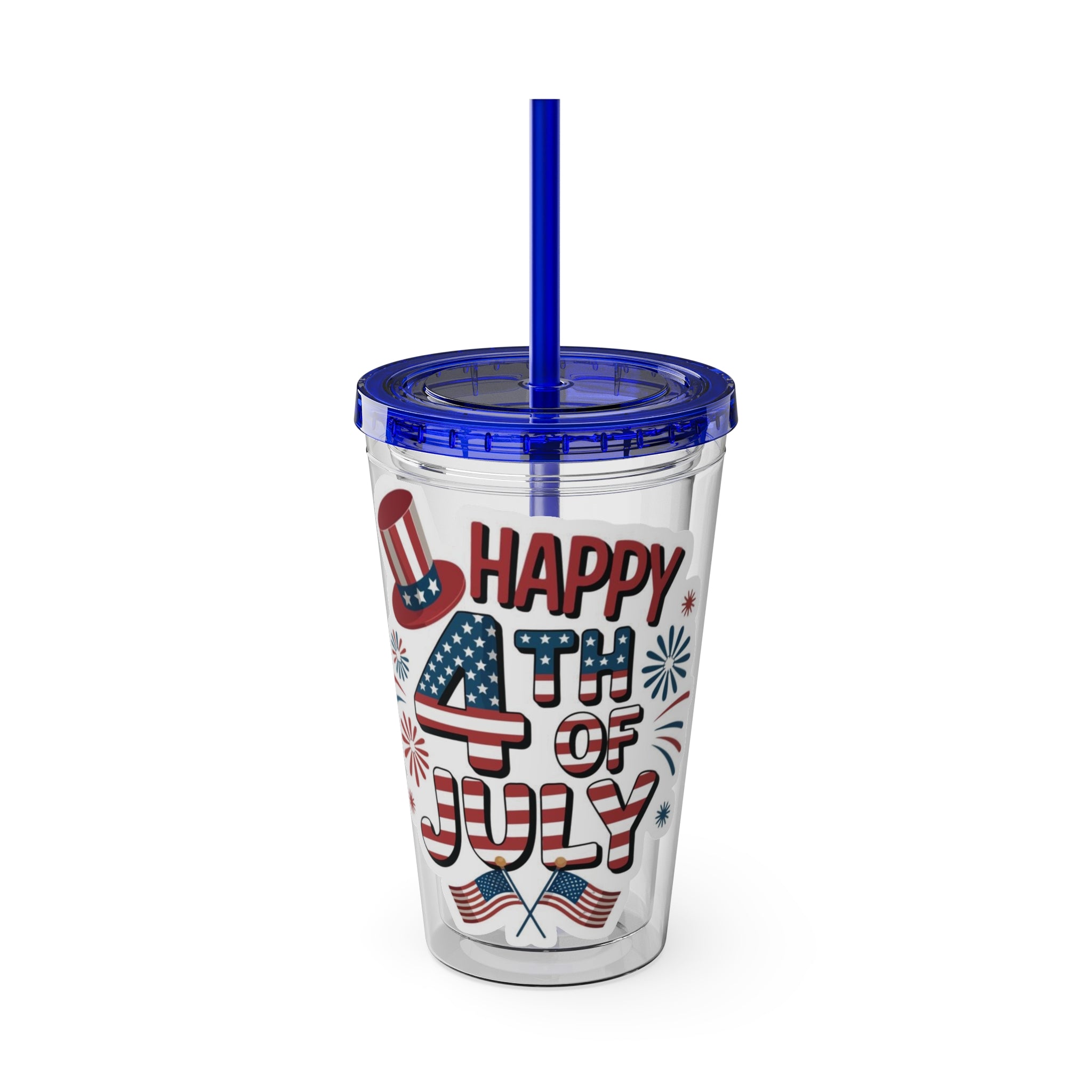 Happy 4th of July Tumbler | 16oz Straw Cup, Patriotic Fireworks Flag Design