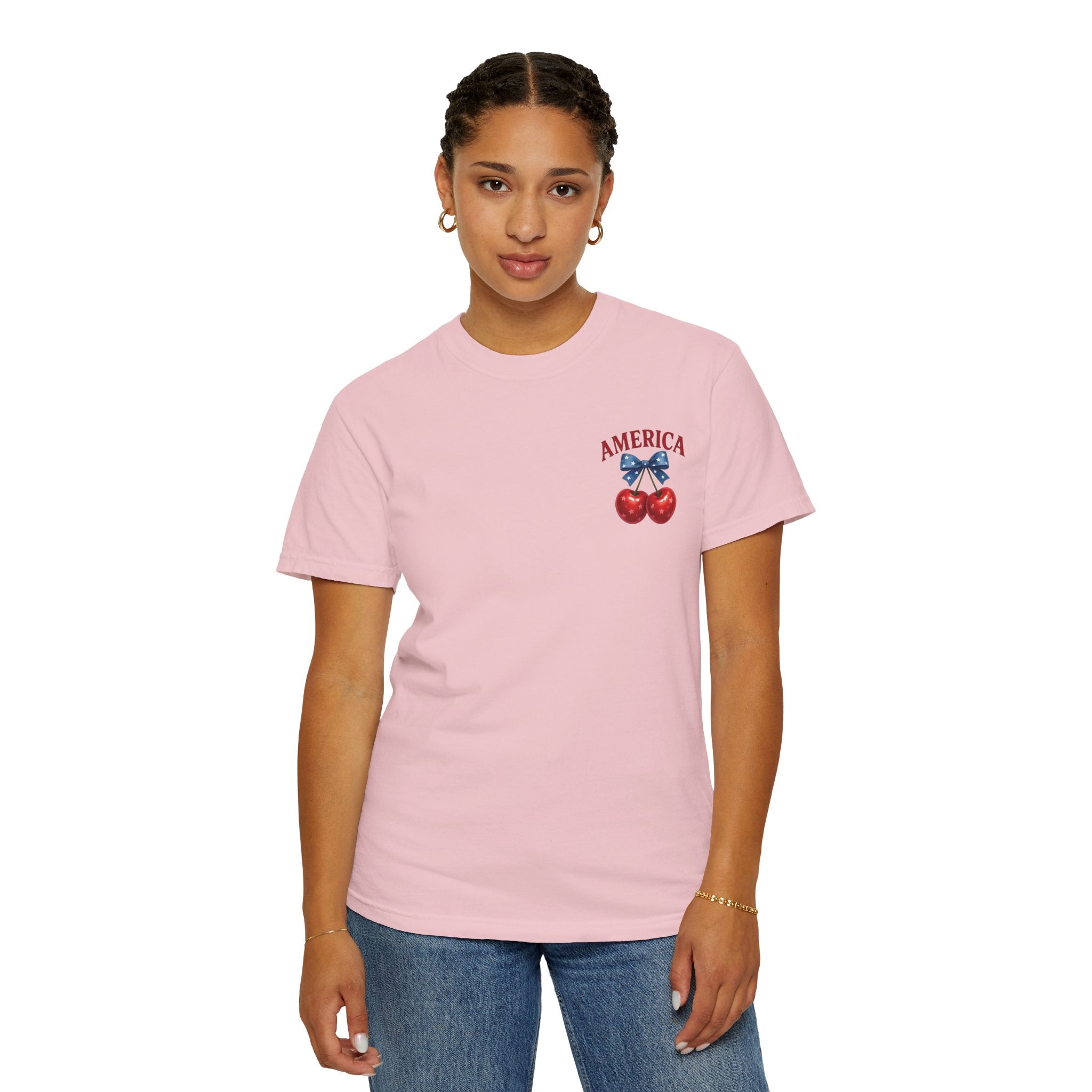 America Cherry Bow T-shirt | Patriotic Stars & Stripes Cherry Design