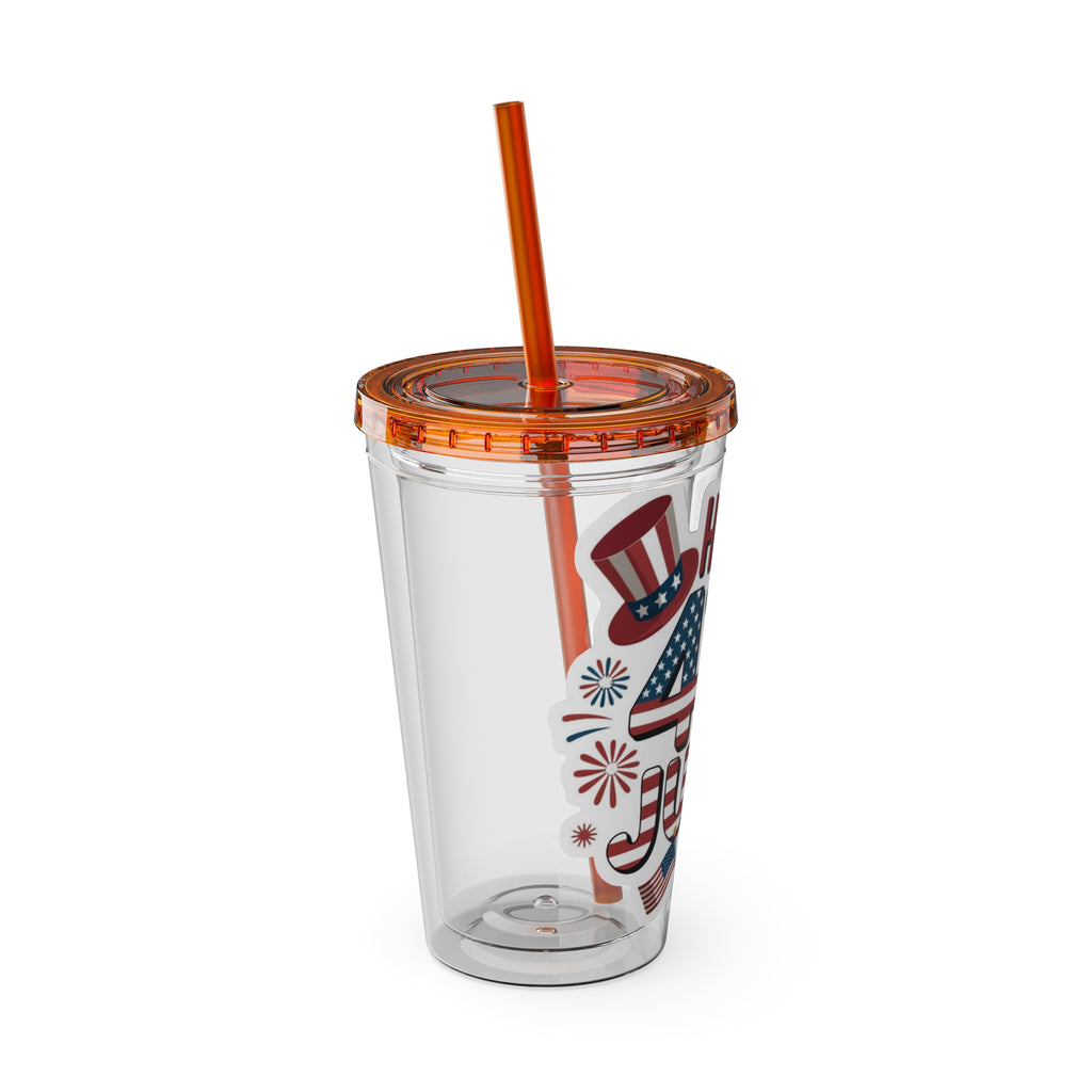 Happy 4th of July Tumbler | 16oz Straw Cup, Patriotic Fireworks Flag Design