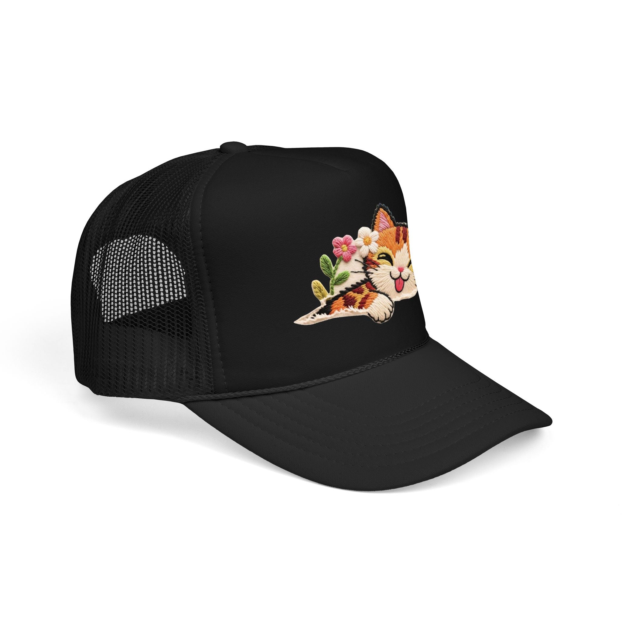 Trucker Hat — Cute Sleeping Calico Cat with Flowers Foam Mesh Cap