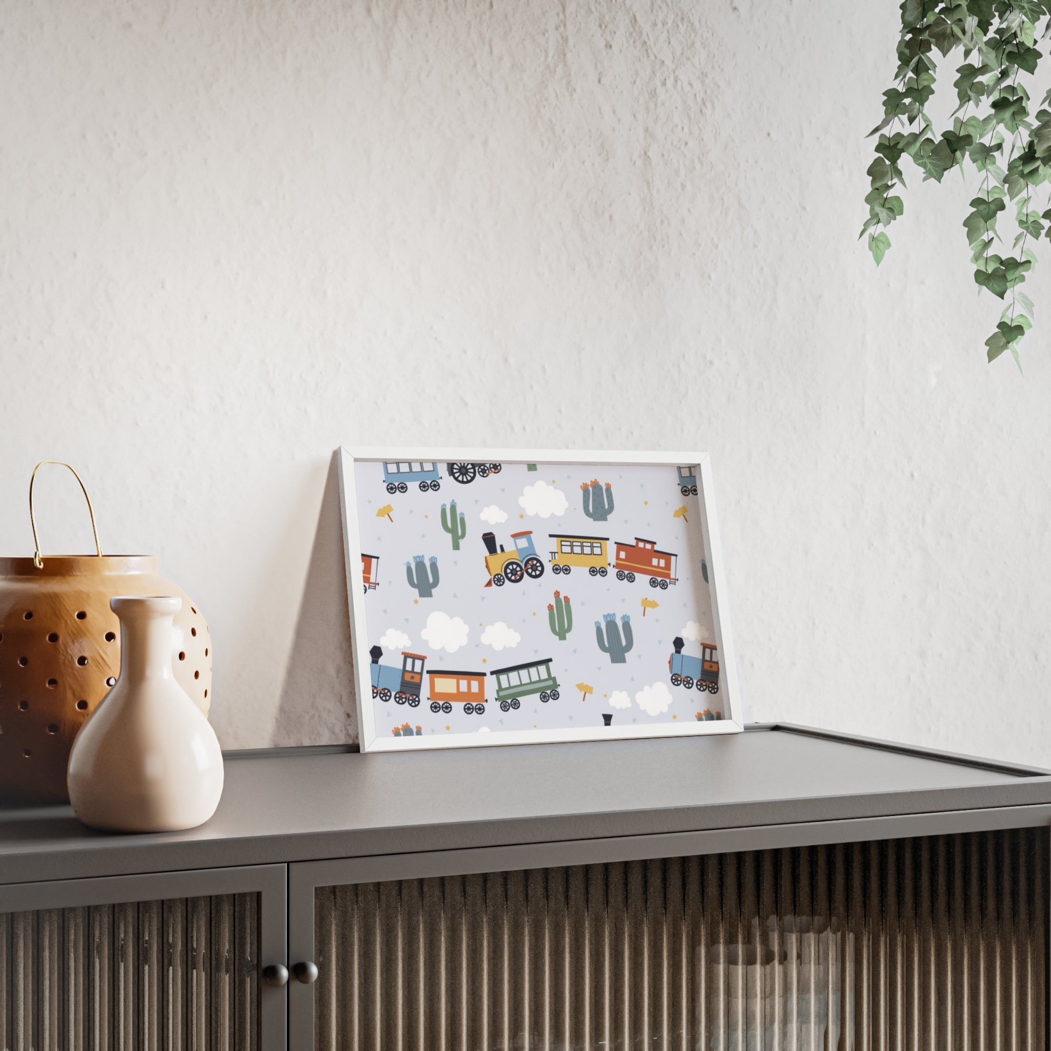 Kids' Train Poster with Wooden Frame — Nursery Wall Art, Playroom Decor