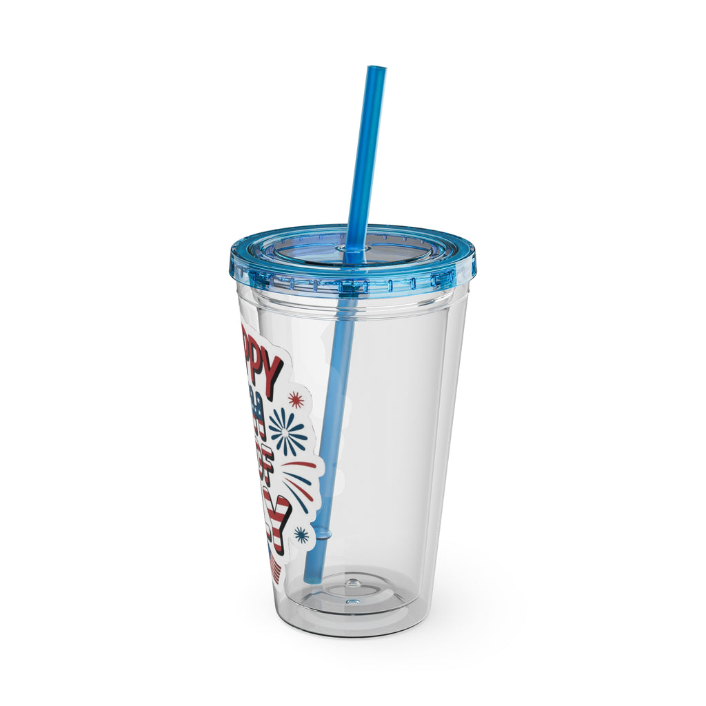 Happy 4th of July Tumbler | 16oz Straw Cup, Patriotic Fireworks Flag Design