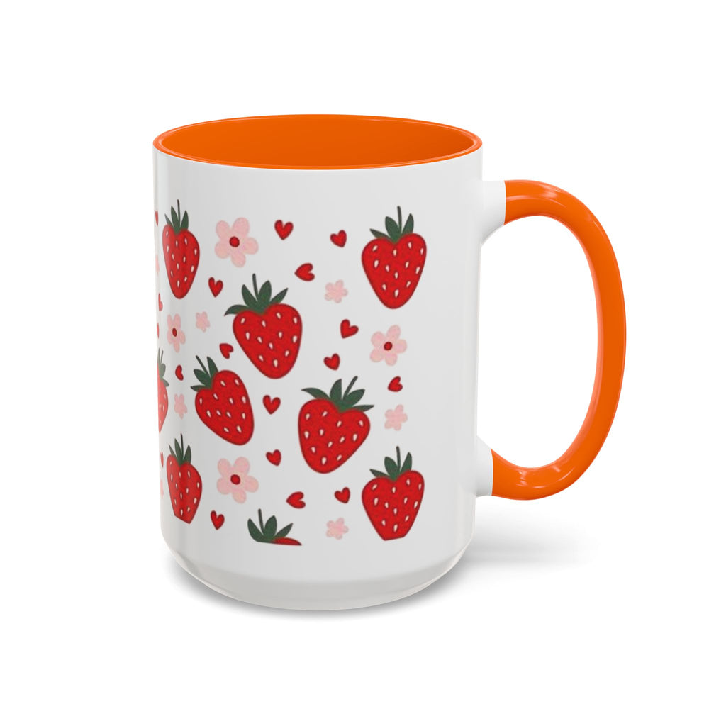 Strawberry Pattern Accent Coffee Mug — Cute Red Berries & Hearts 11/15oz