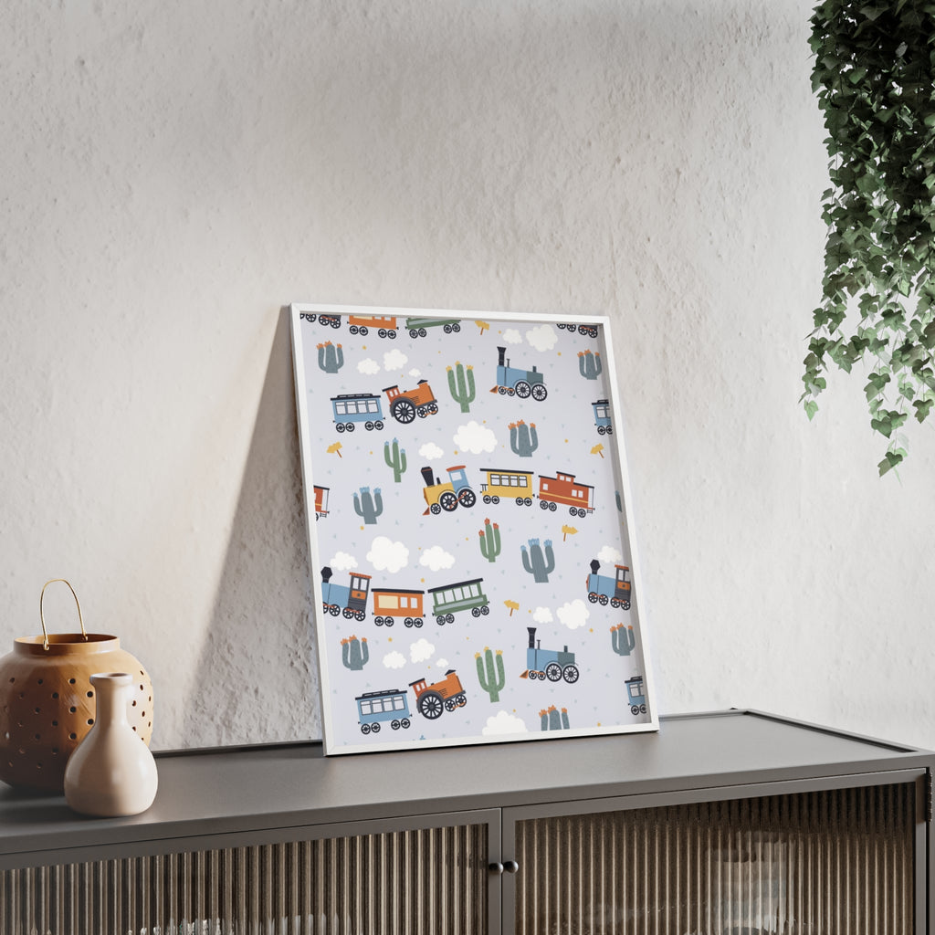 Kids' Train Poster with Wooden Frame — Nursery Wall Art, Playroom Decor