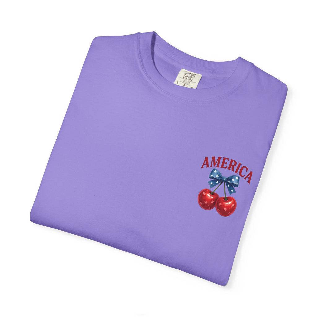 America Cherry Bow T-shirt | Patriotic Stars & Stripes Cherry Design