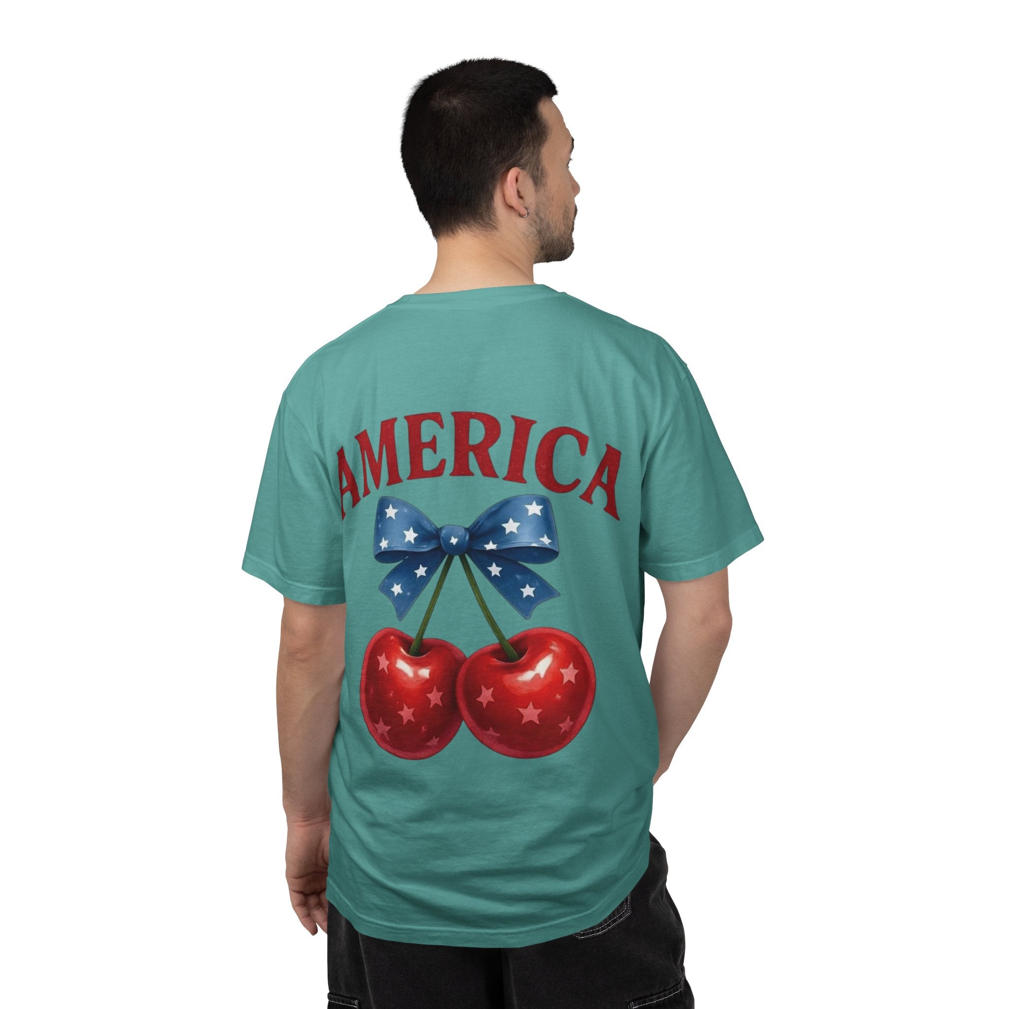 America Cherry Bow T-shirt | Patriotic Stars & Stripes Cherry Design