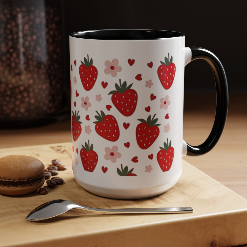 Strawberry Pattern Accent Coffee Mug — Cute Red Berries & Hearts 11/15oz