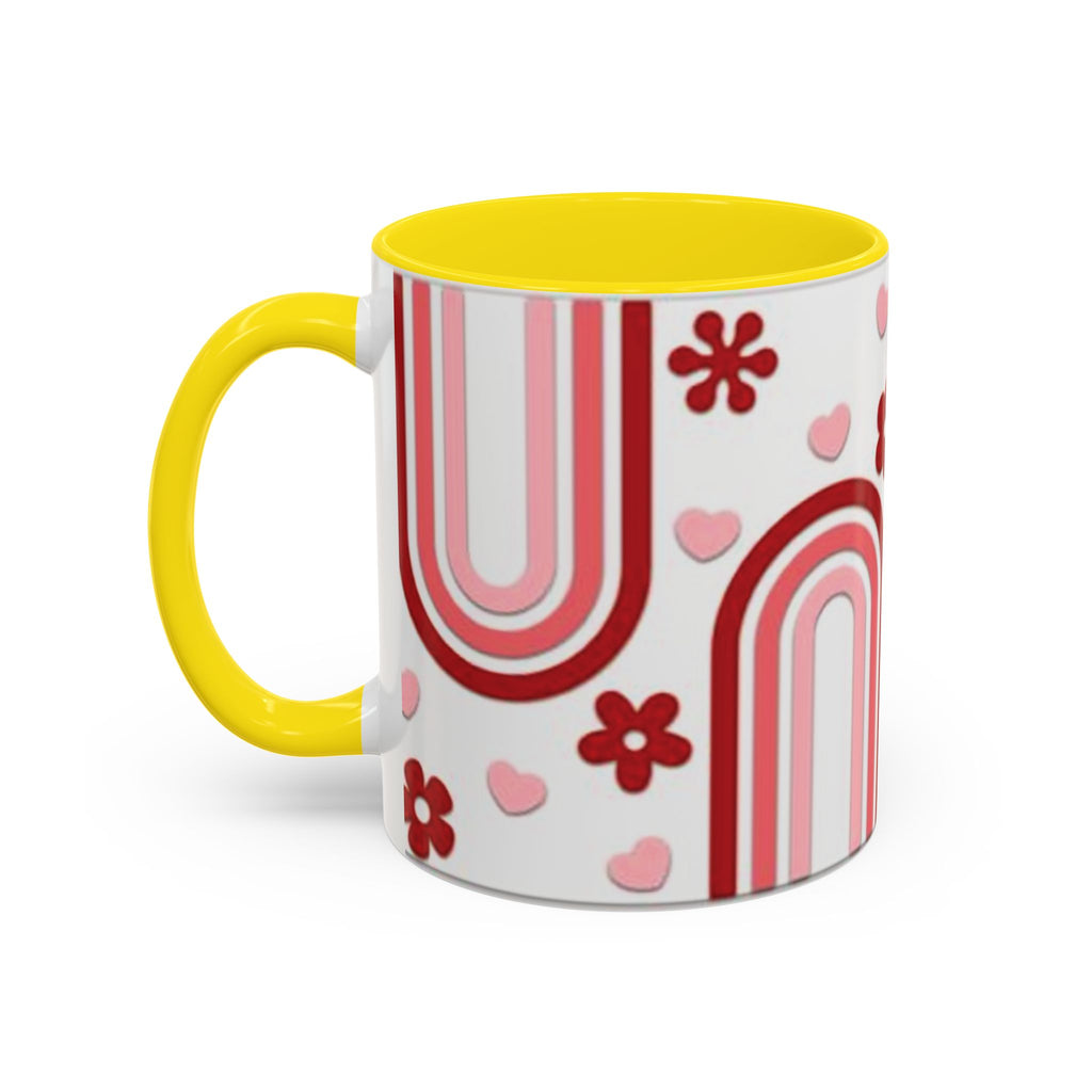 Retro Pink Rainbow Hearts and Flowers Accent Mug | 11oz or 15oz