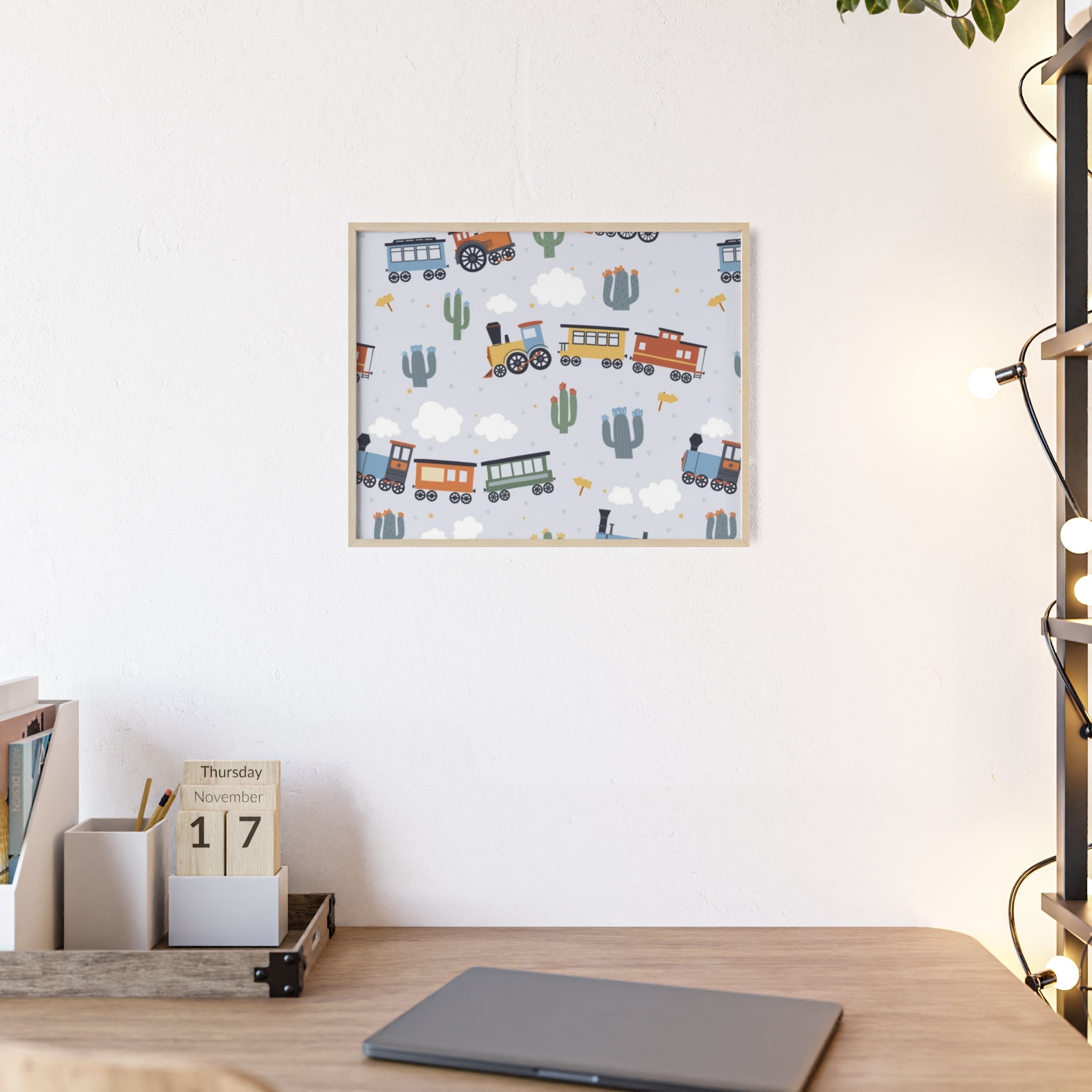 Kids' Train Poster with Wooden Frame — Nursery Wall Art, Playroom Decor