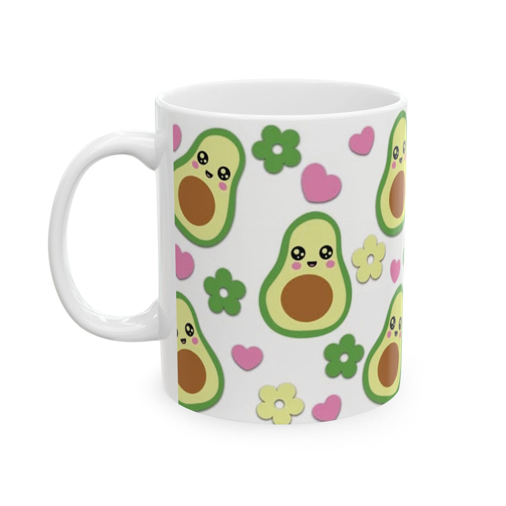 Avocado Pattern Ceramic Mug — Cute Kawaii Avocado Hearts & Flowers Coffee Cup (11oz/15oz)