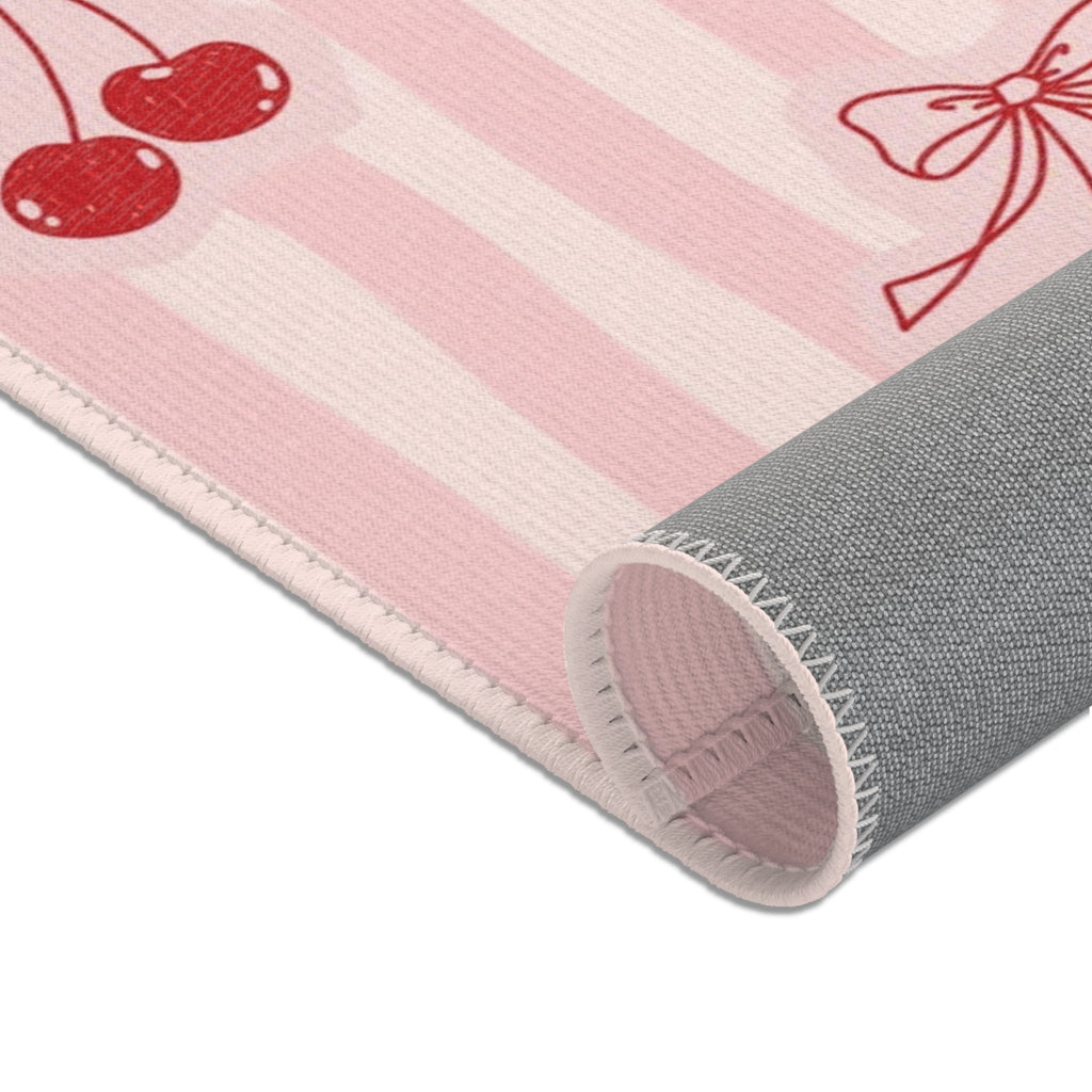 Cherry Bow Area Rug — Pink Striped Cute Kitchen or Nursery Accent Rug
