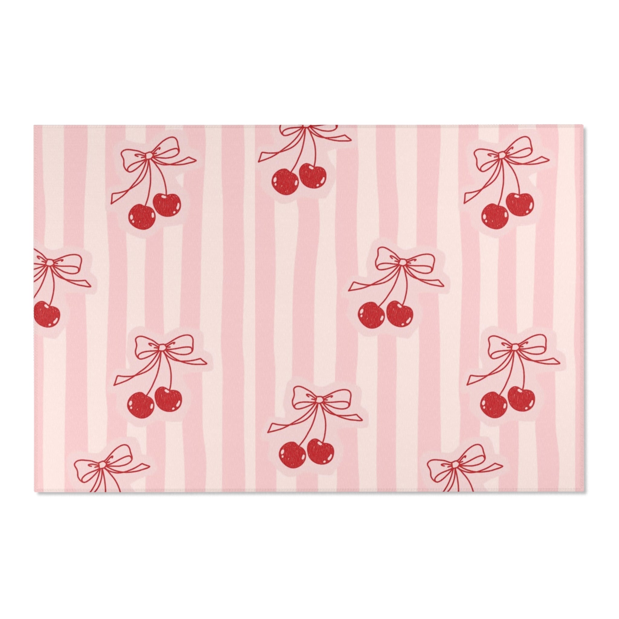 Cherry Bow Area Rug — Pink Striped Cute Kitchen or Nursery Accent Rug