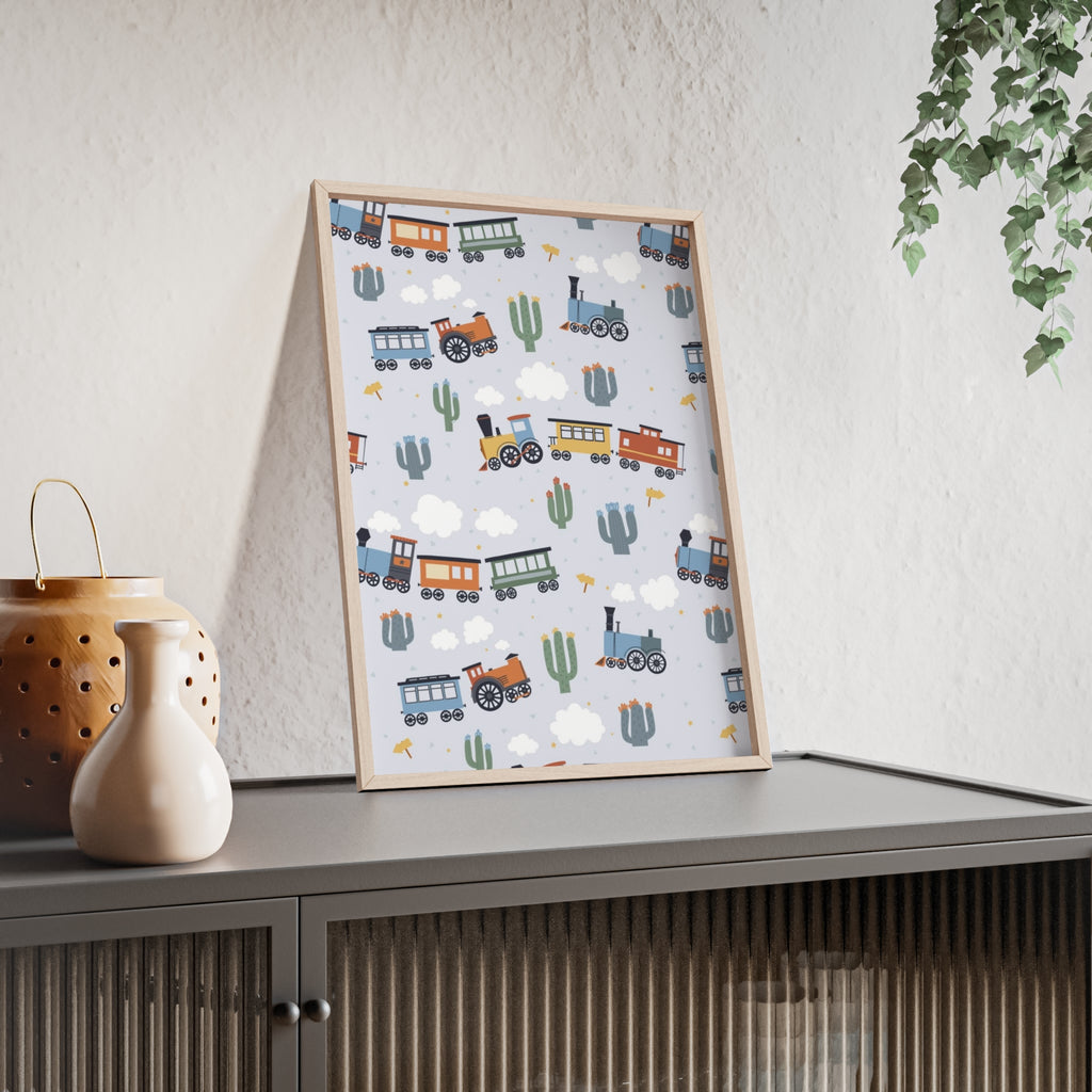 Kids' Train Poster with Wooden Frame — Nursery Wall Art, Playroom Decor
