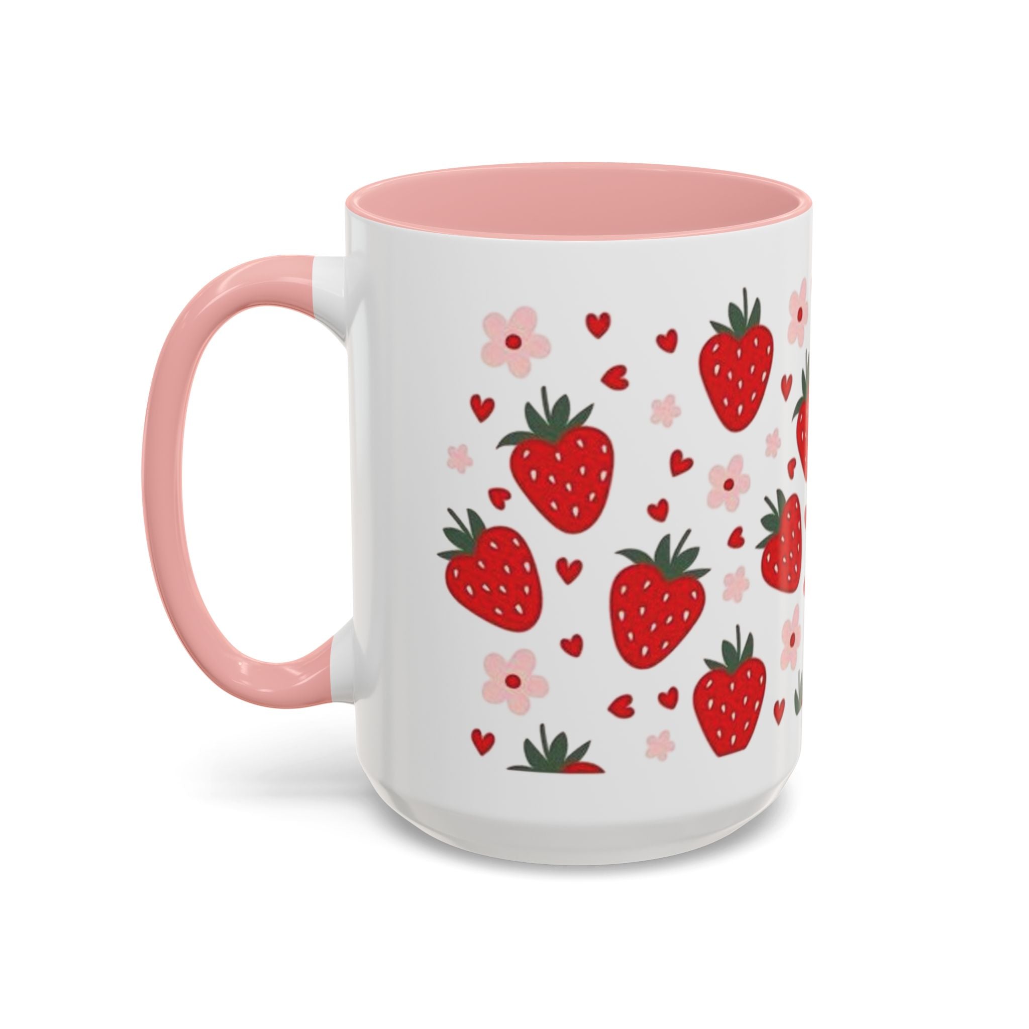 Strawberry Pattern Accent Coffee Mug — Cute Red Berries & Hearts 11/15oz