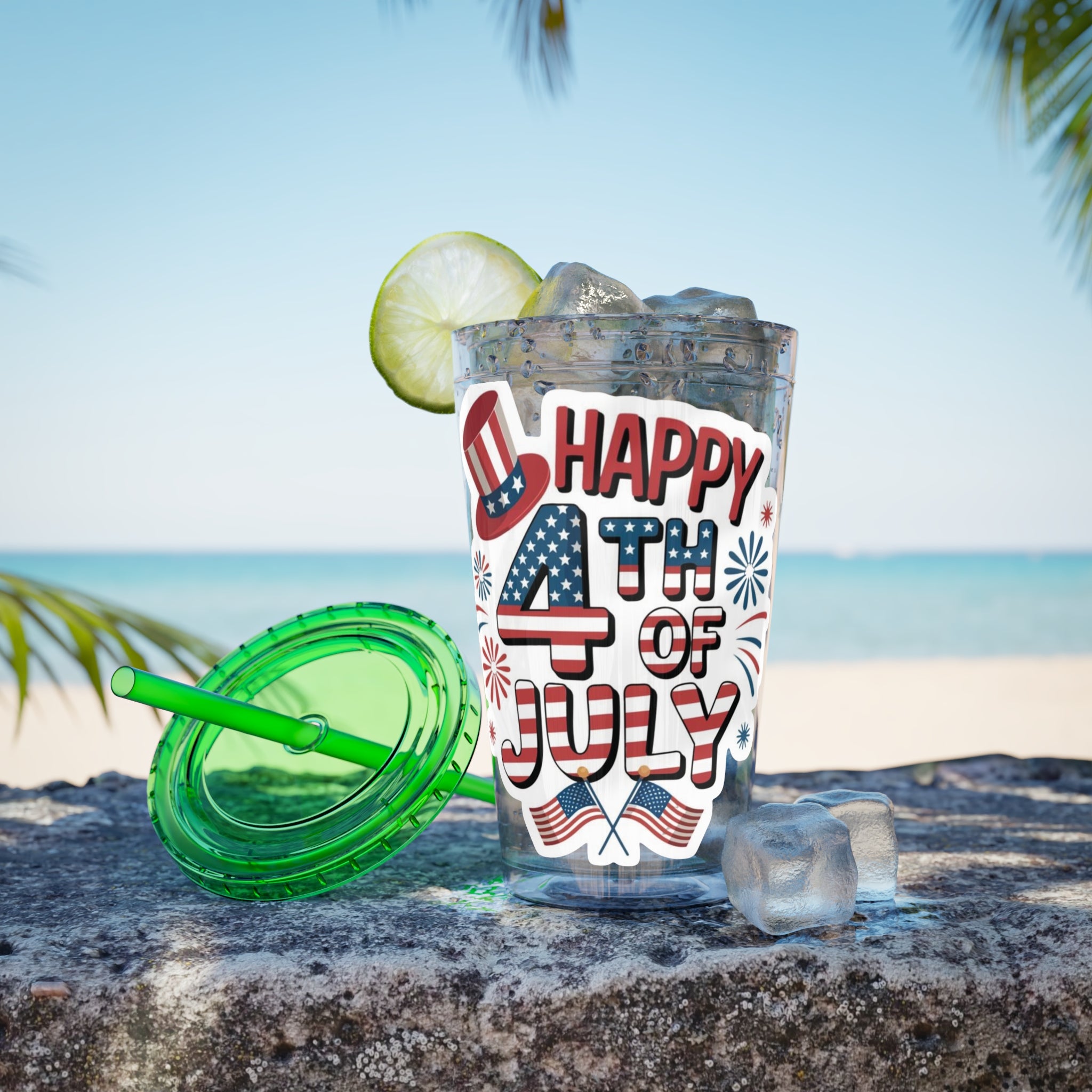 Happy 4th of July Tumbler | 16oz Straw Cup, Patriotic Fireworks Flag Design