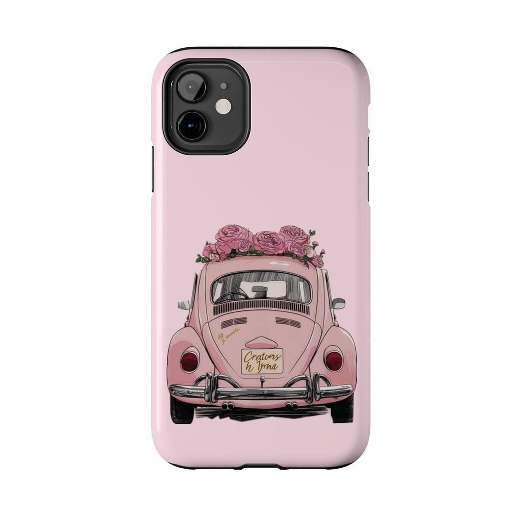 Vintage Pink Beetle with Roses Phone Case | Floral Car Tough Phone Case