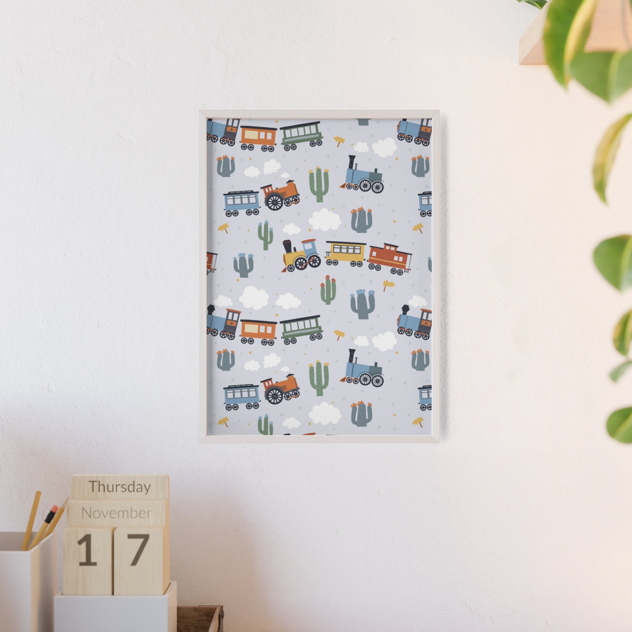 Kids' Train Poster with Wooden Frame — Nursery Wall Art, Playroom Decor