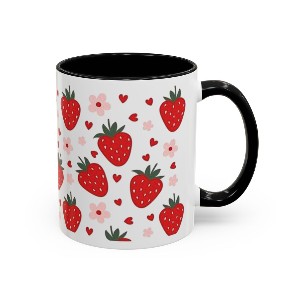 Strawberry Pattern Accent Coffee Mug — Cute Red Berries & Hearts 11/15oz
