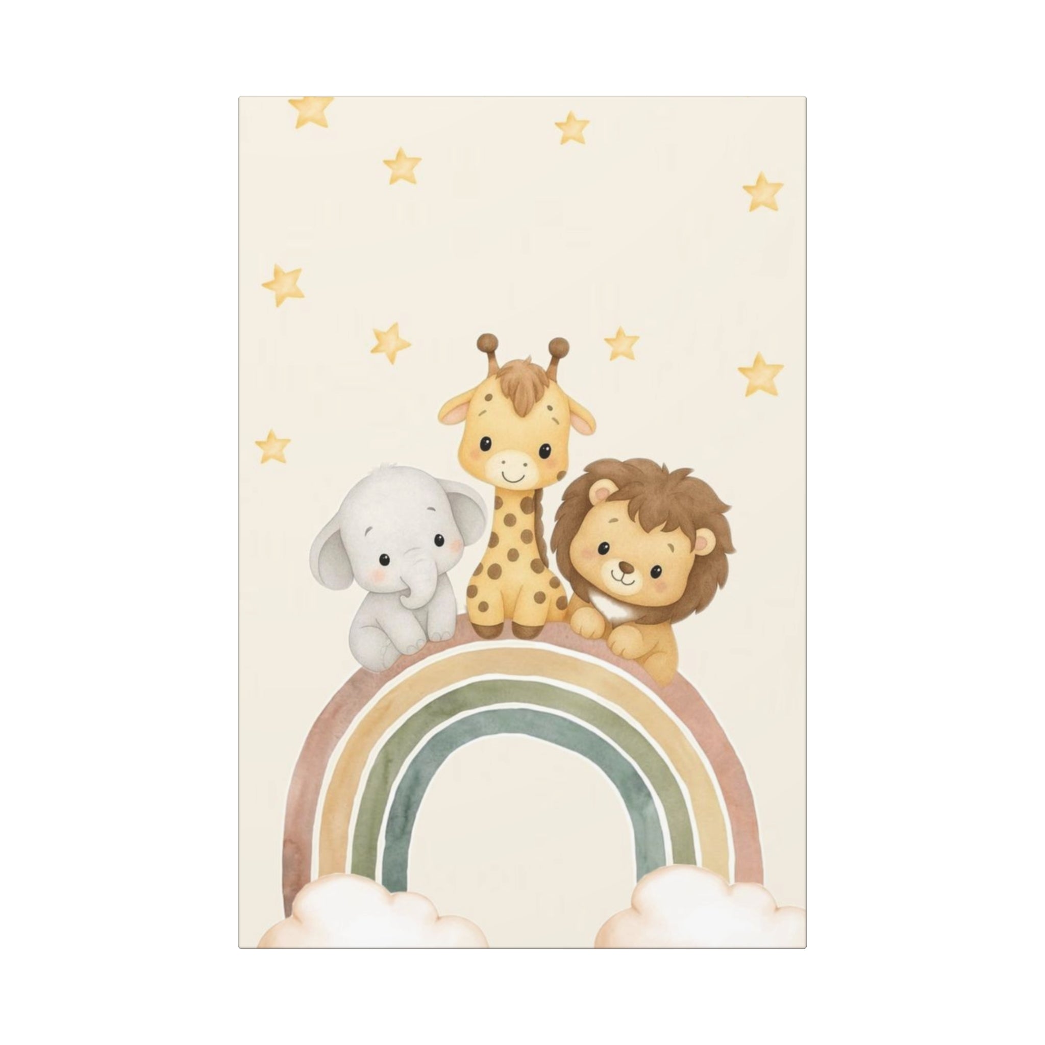 Nursery Rainbow Animal Canvas Wrap — Baby Elephant, Giraffe & Lion Wall Art