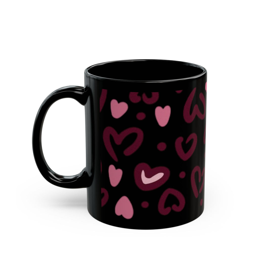 Hand-Drawn Pink Hearts Black Mug | Ceramic Heart Pattern Coffee Mug