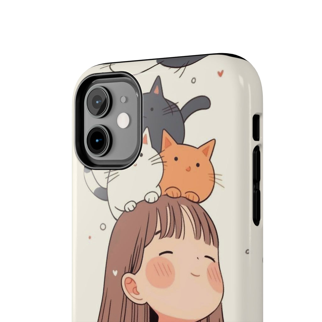 Girl with Cats Phone Case | Cute Cat Stack Illustration