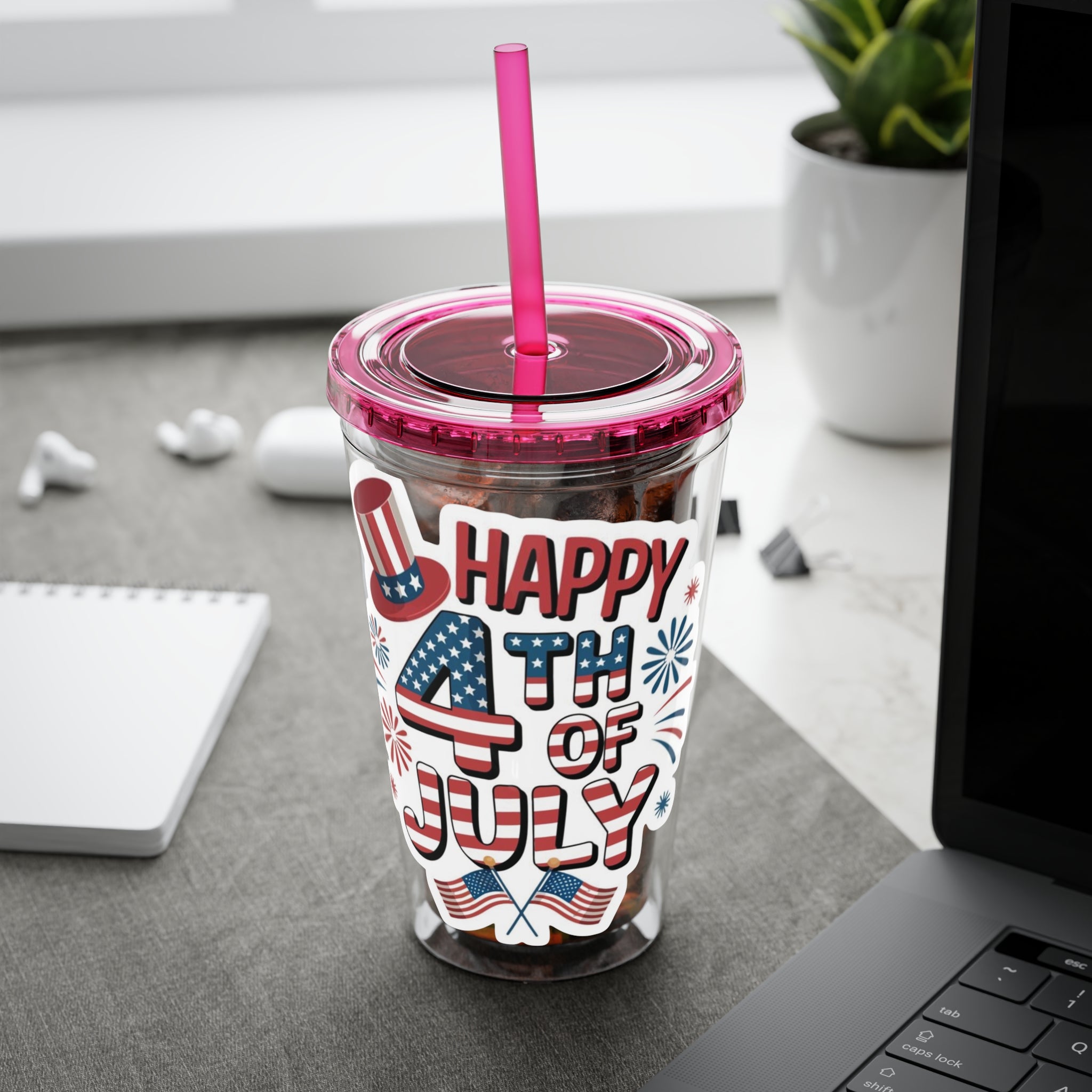 Happy 4th of July Tumbler | 16oz Straw Cup, Patriotic Fireworks Flag Design