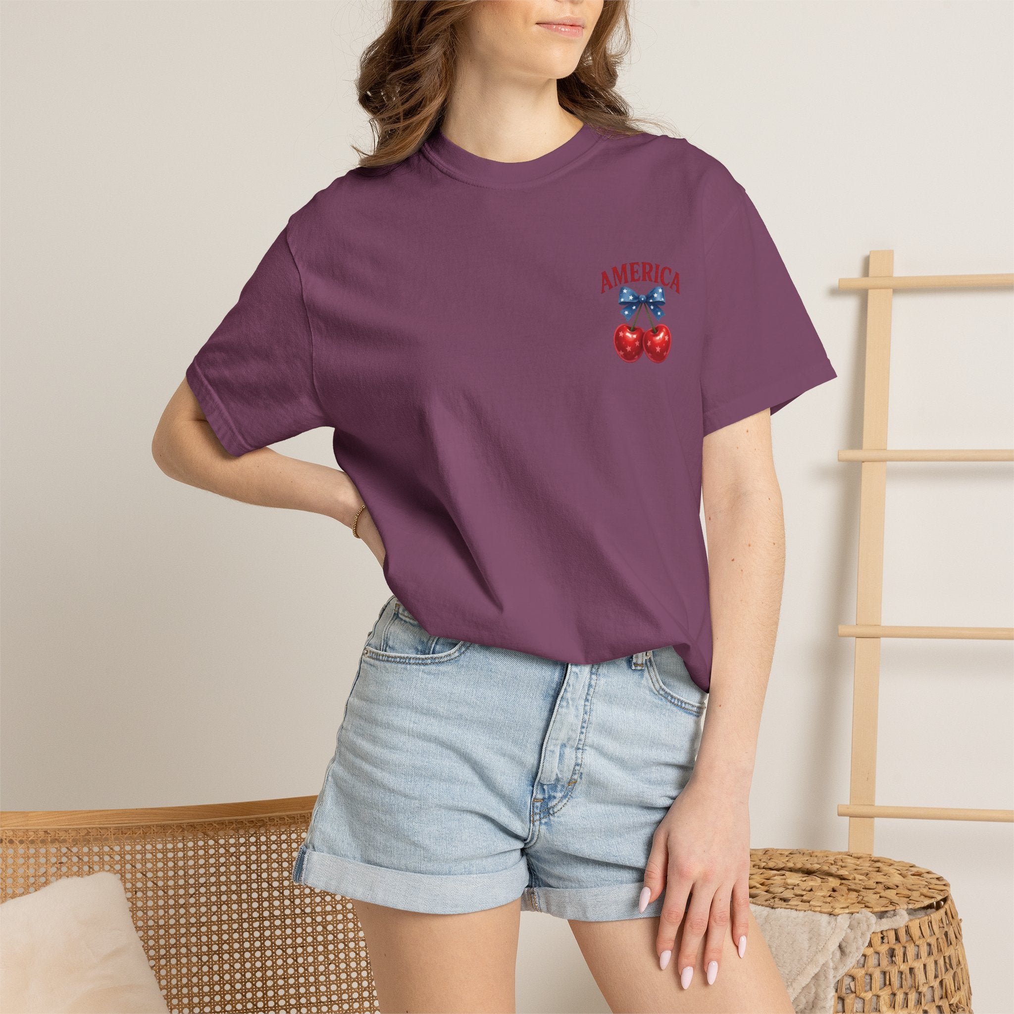 America Cherry Bow T-shirt | Patriotic Stars & Stripes Cherry Design