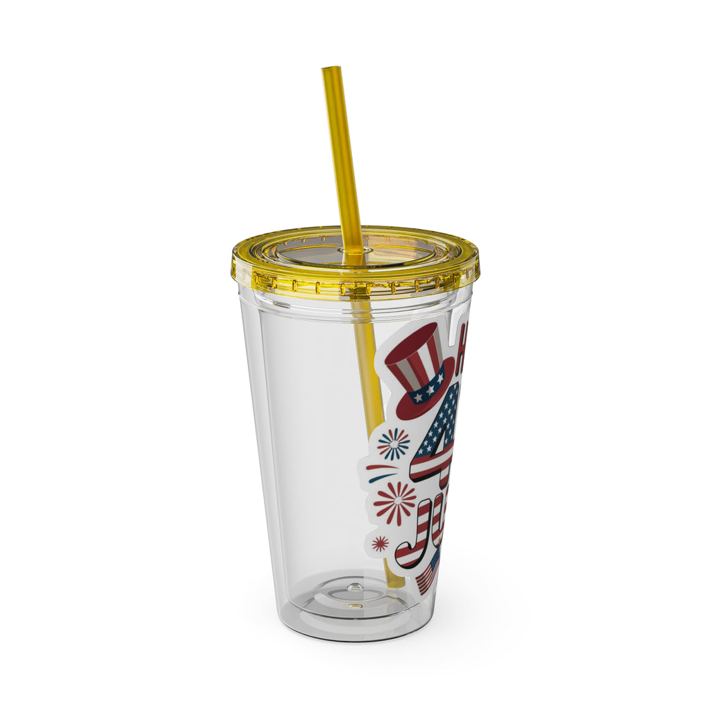 Happy 4th of July Tumbler | 16oz Straw Cup, Patriotic Fireworks Flag Design