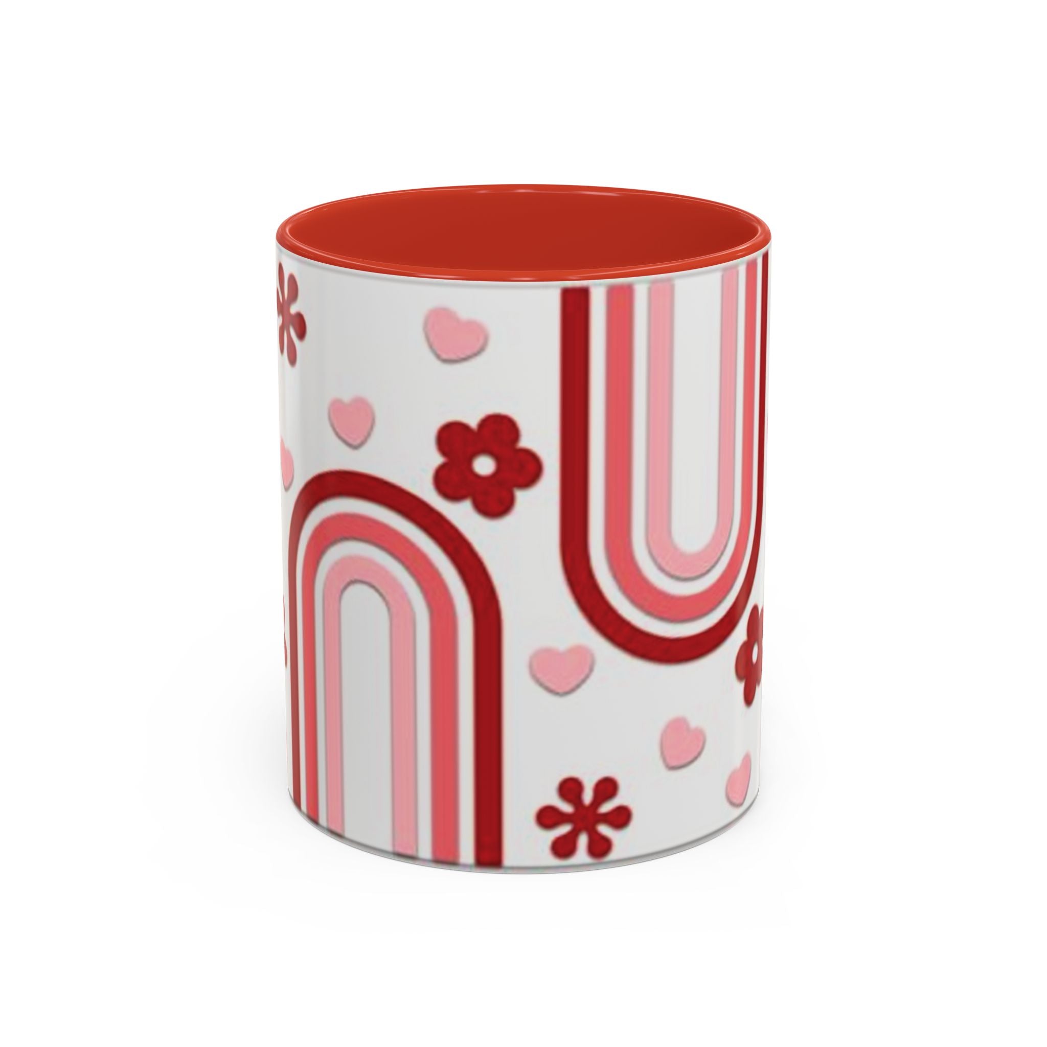 Retro Pink Rainbow Hearts and Flowers Accent Mug | 11oz or 15oz