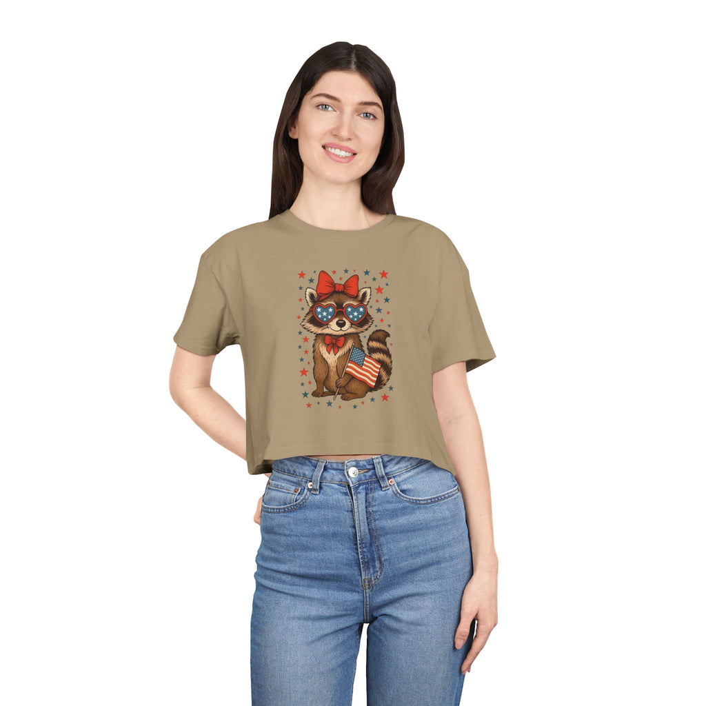 Patriotic Raccoon Heart Crop Tee | 4th of July Stars & Stripes