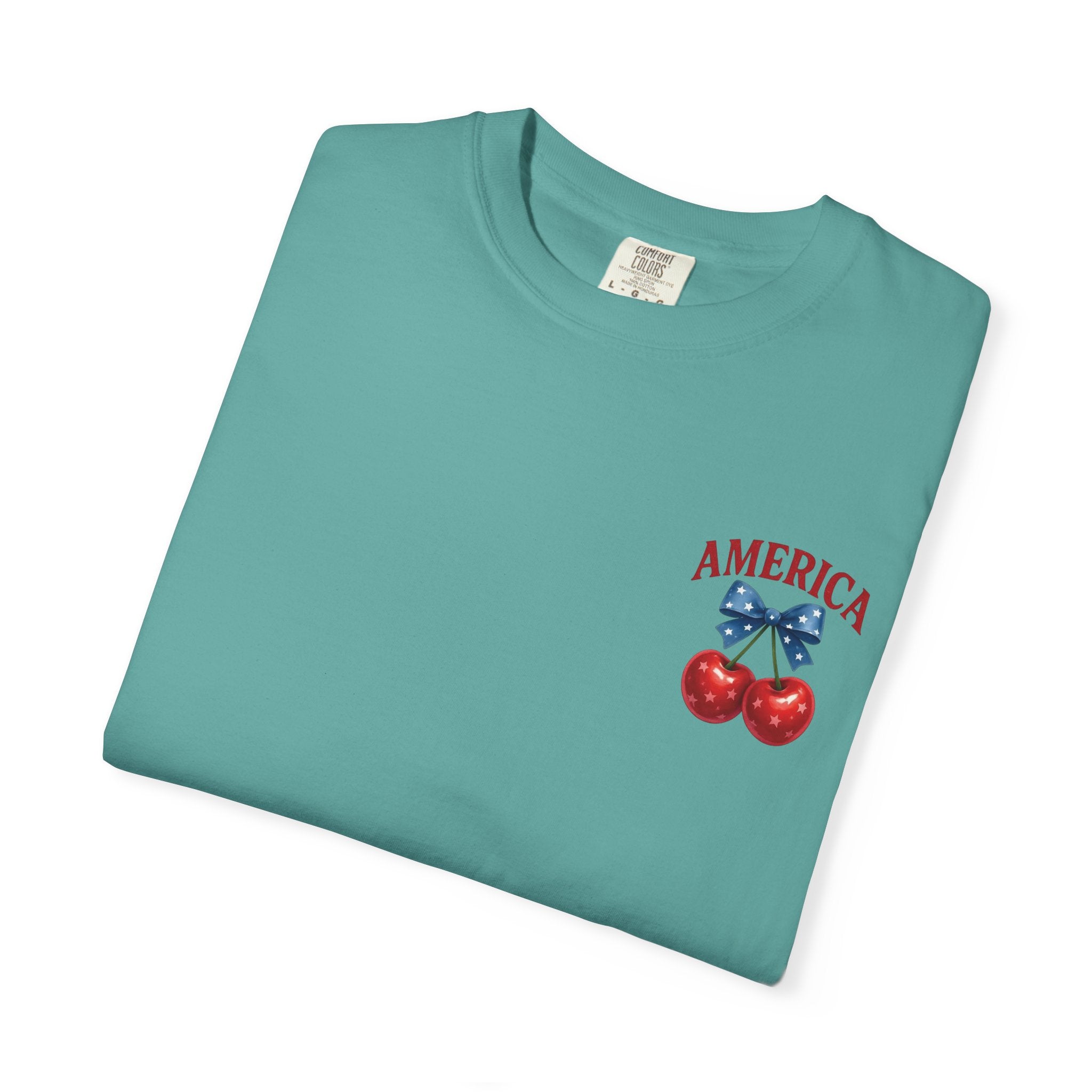 America Cherry Bow T-shirt | Patriotic Stars & Stripes Cherry Design