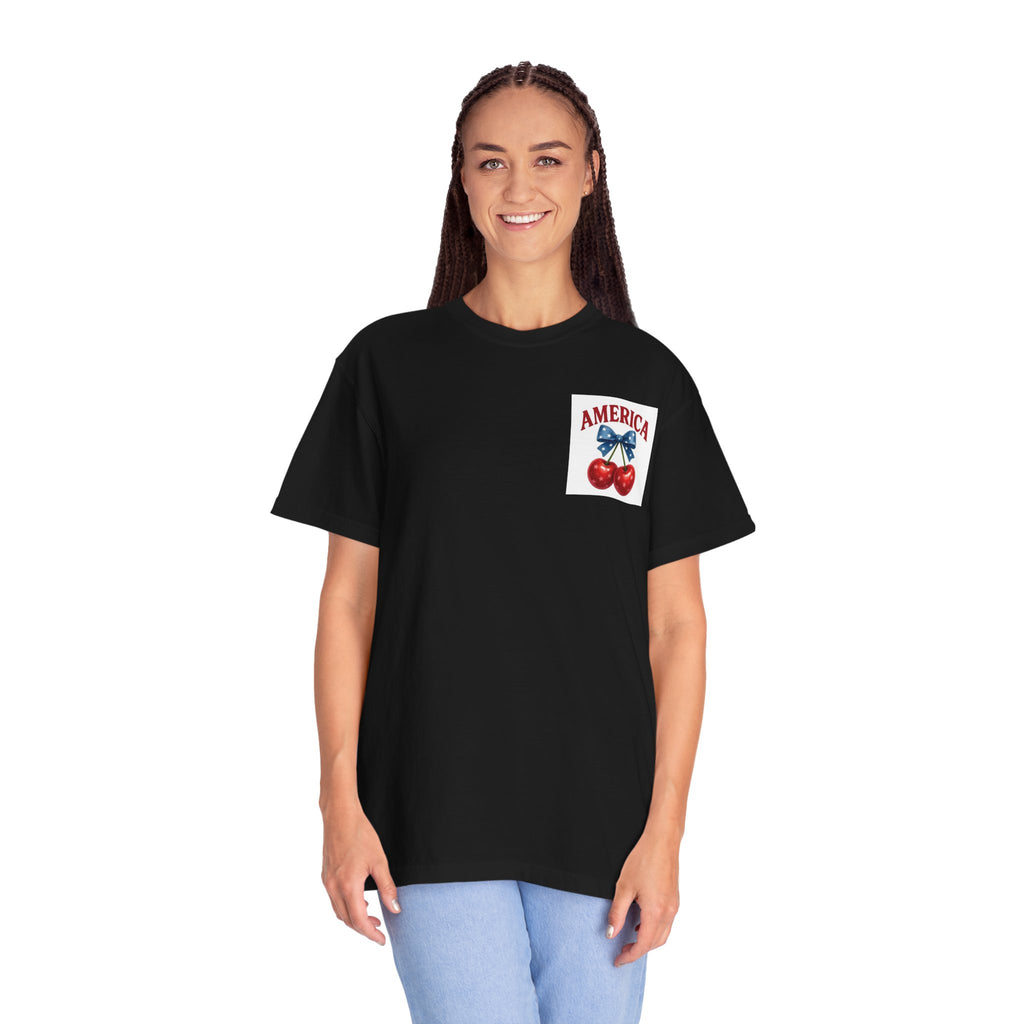 America Cherry Bow T-shirt | Patriotic Stars & Stripes Cherry Design