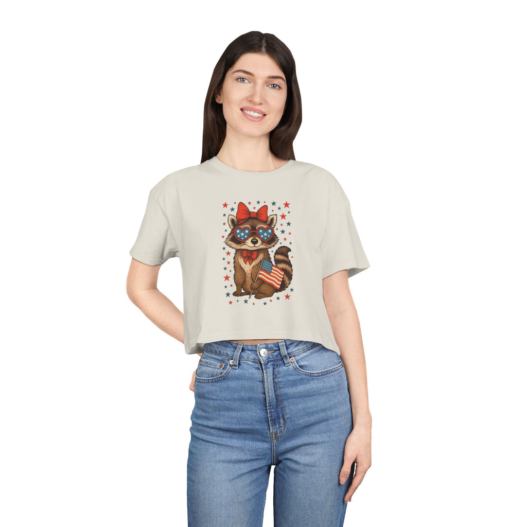 Patriotic Raccoon Heart Crop Tee | 4th of July Stars & Stripes
