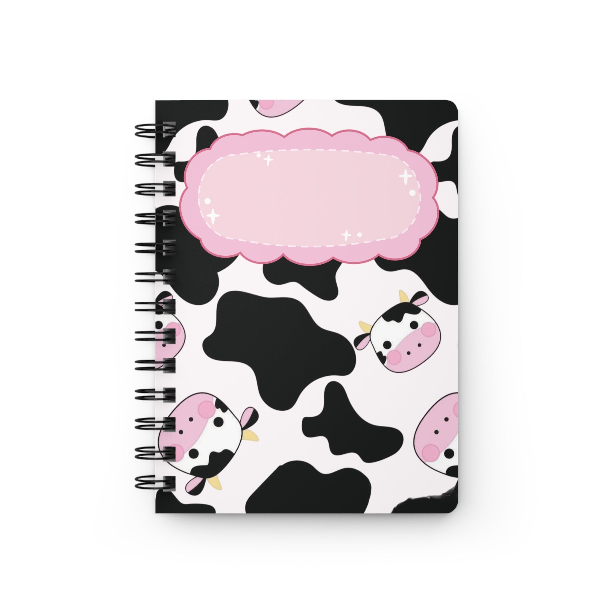Pink Cow Pattern Spiral Notebook | Cute Cow Faces, Black Cowhide Spots