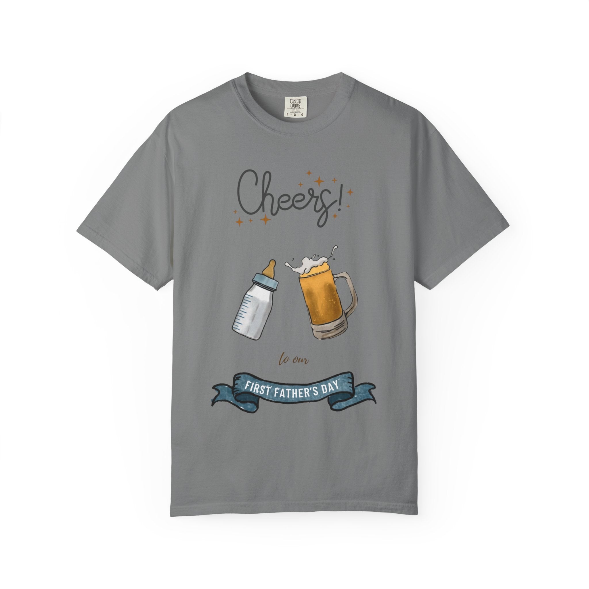 Cheers! Baby Bottle and Beer Mug First Father's Day T-Shirt | New Dad Tee